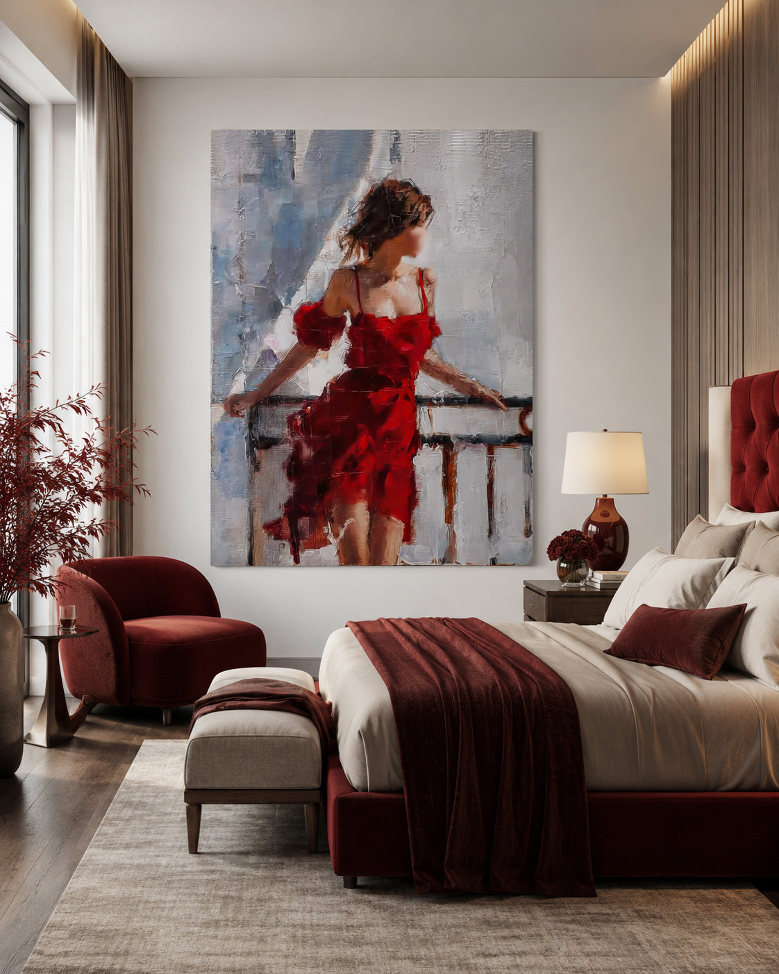 Modern Red Dress Woman Painting Abstract Faceless Figure Art For Living Room Decor