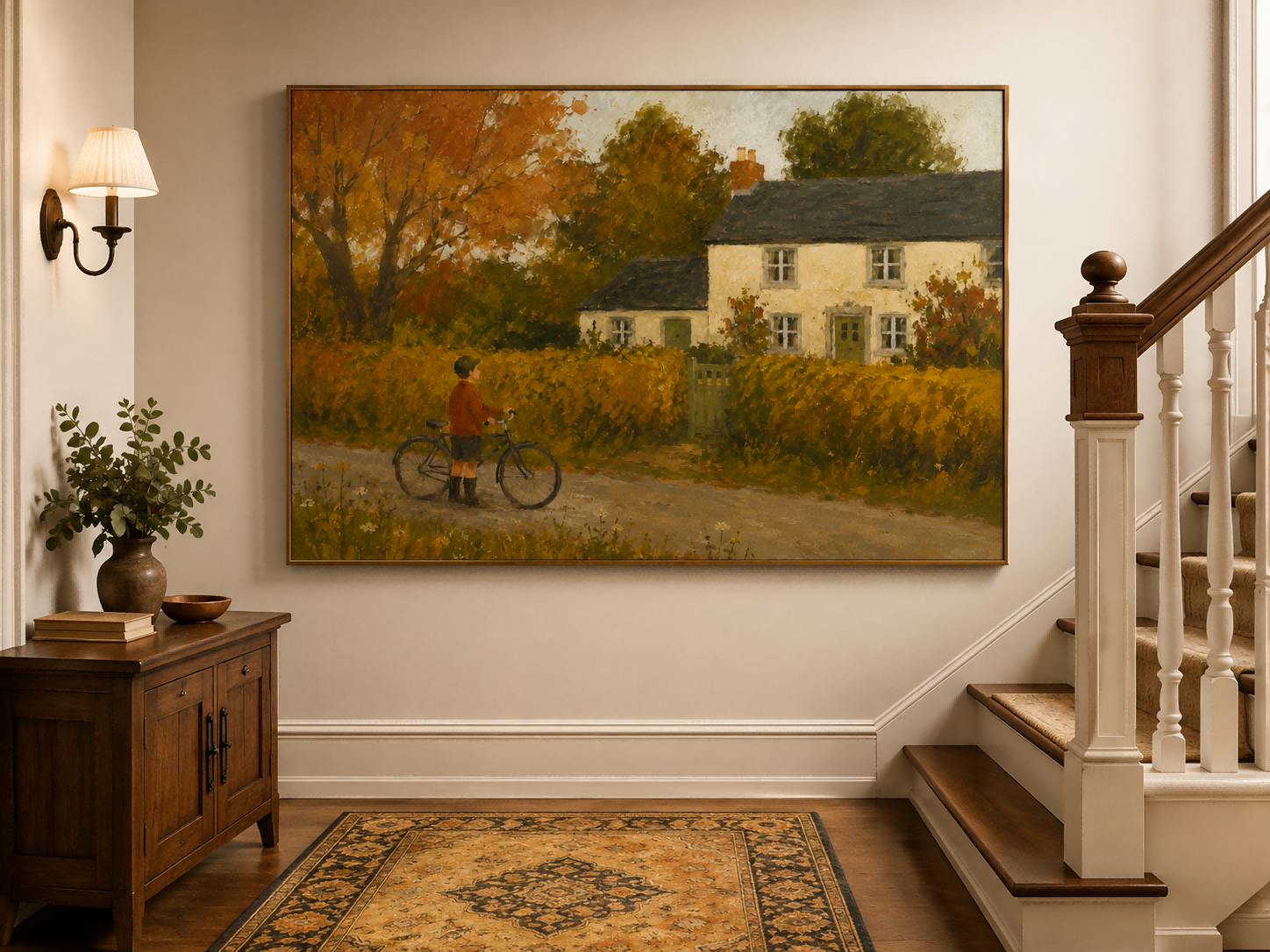 Nostalgic Rural Scene Original Canvas Painting In Classic Realist Style Boy With Bicycle Country Lane Hand-Painted Canvas Art In Golden Autumn Colors
