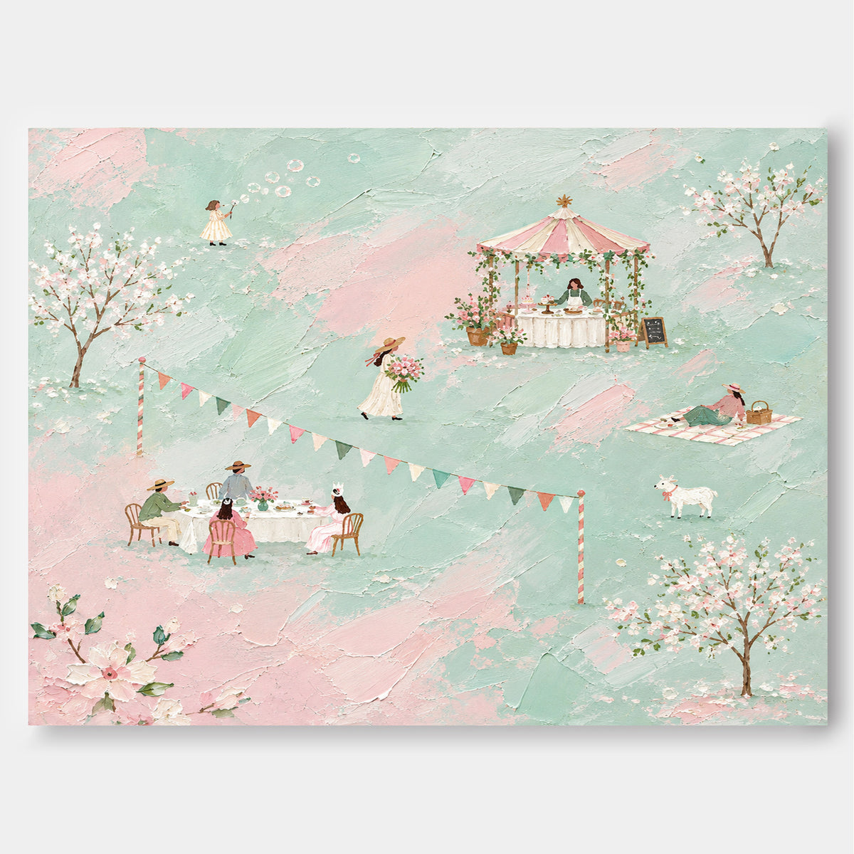 Spring Picnic Scene Hand-Painted Canvas Art With Floral Garden