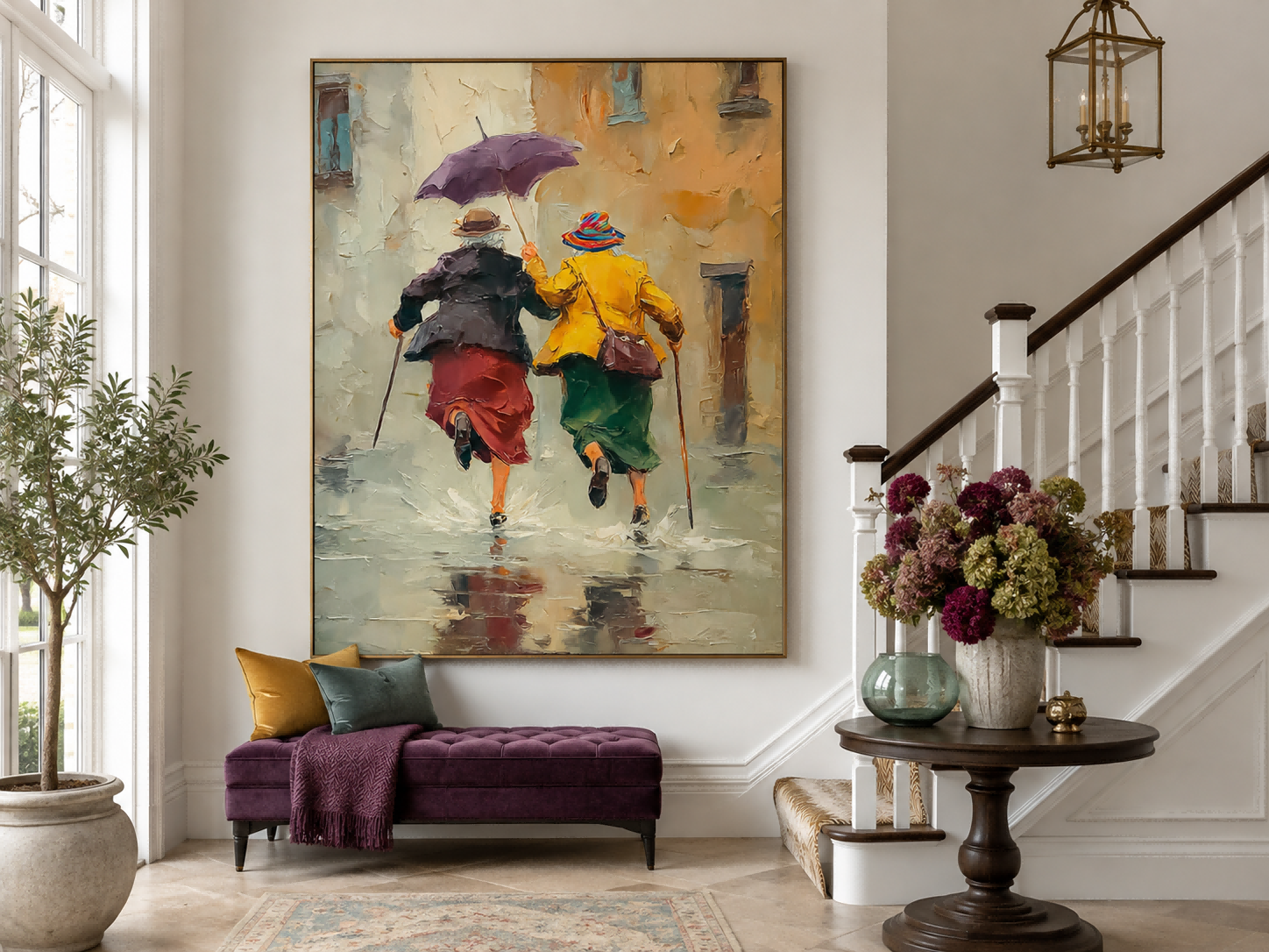 Impressionist Oil Painting Of Two Women Running In Rain With Umbrella For Living Room Wall Art Decor