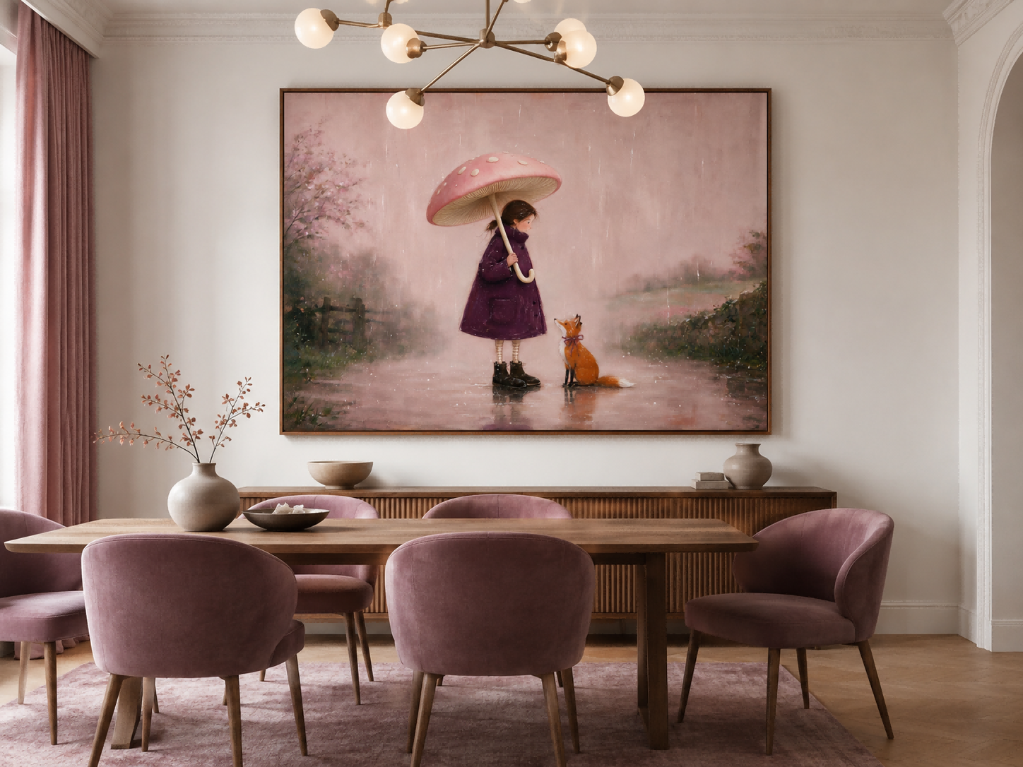 Vintage Girl With Fox Under Mushroom Umbrella In Rain Original Oil Painting