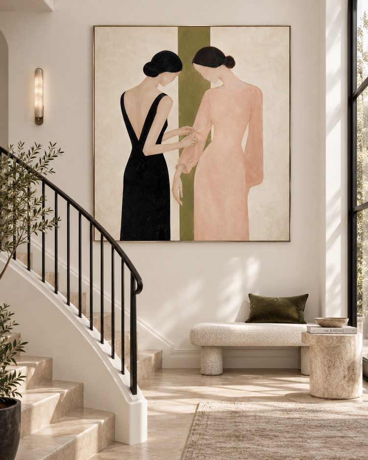 Minimalist Geometric Painting Two Women In Black And Pink Dresses Hand-Painted Modern Canvas Art