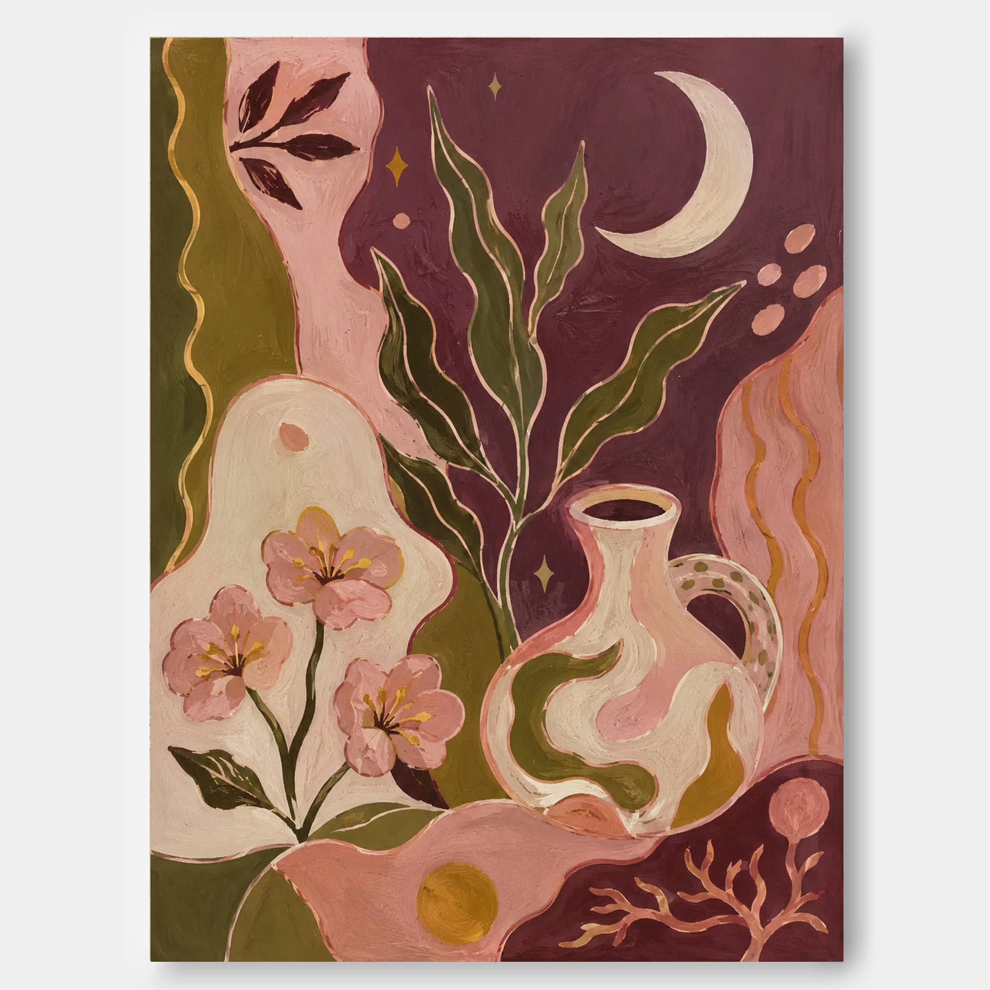 Fantasy Floral And Moon Art Deco Canvas Painting Hand-Painted Original Wall Art