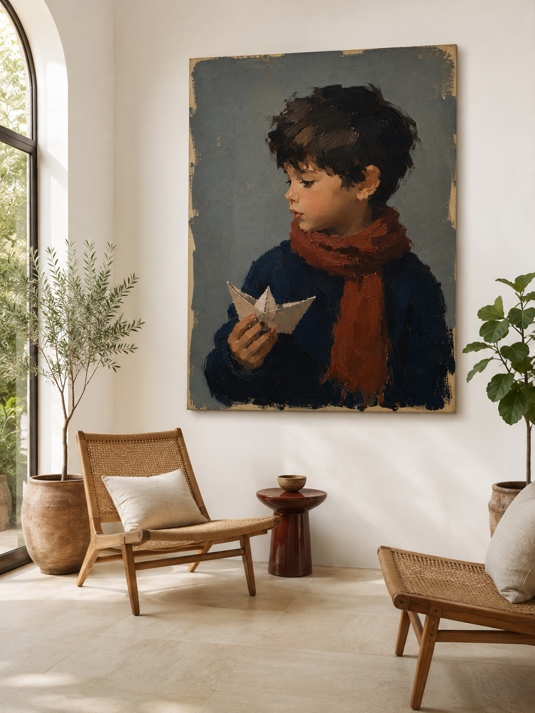 Vintage Kids Room Wall Art Boy Portrait With Red Scarf Original