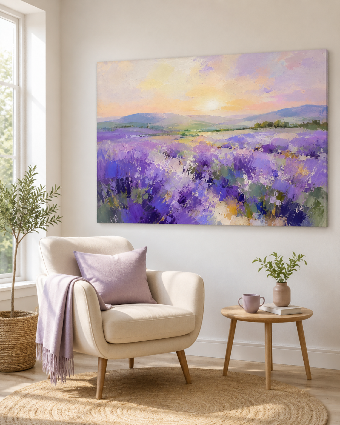 Hand-Painted Lavender Field Landscape Canvas Art With Sunset Mountains
