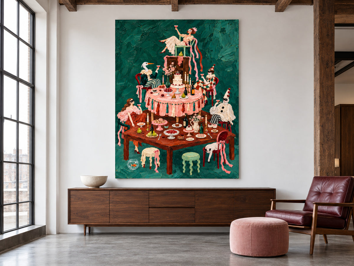 Surreal Masquerade Feast Hand-Painted Canvas Art With Green Background