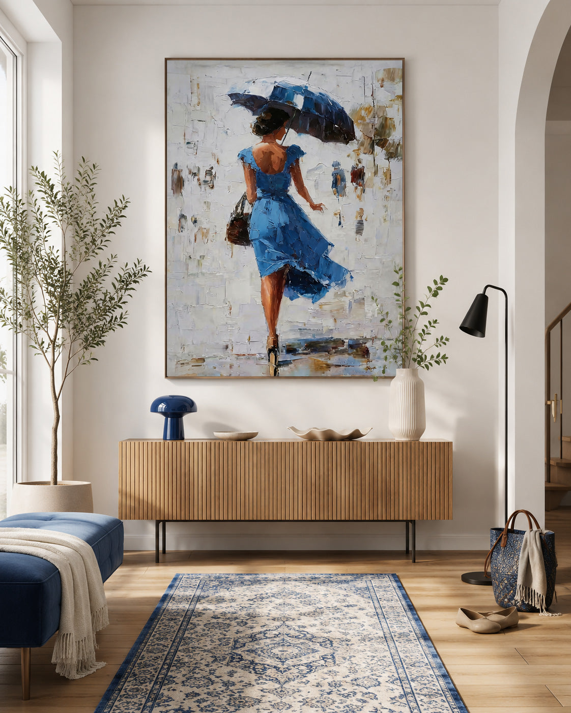 Rainy Day Street Scene Oil Painting Original Lady Art For Bedroom And Lounge