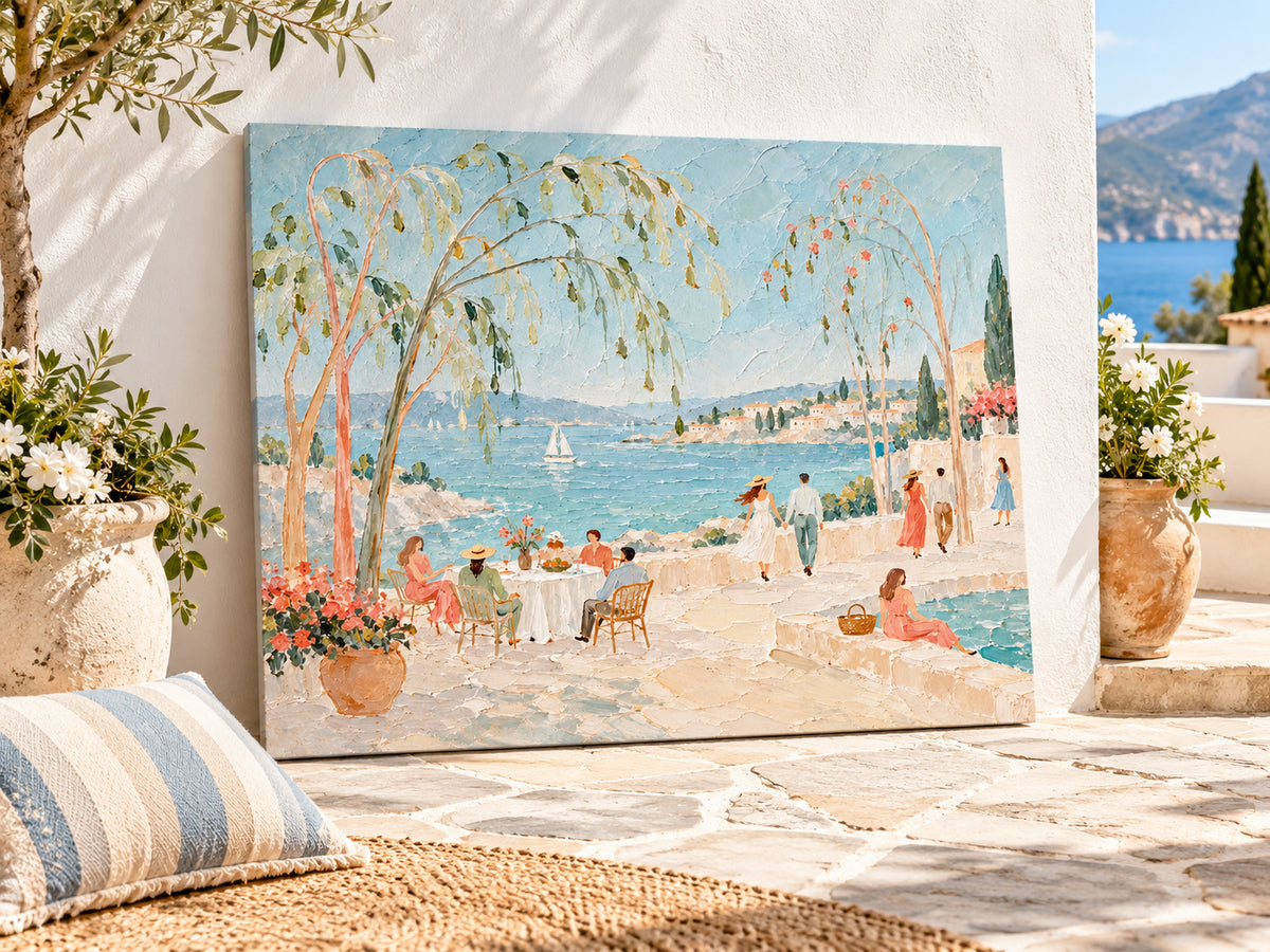 Hand-Painted Mediterranean Sea View With Sailboats And Terrace Gathering Canvas Art