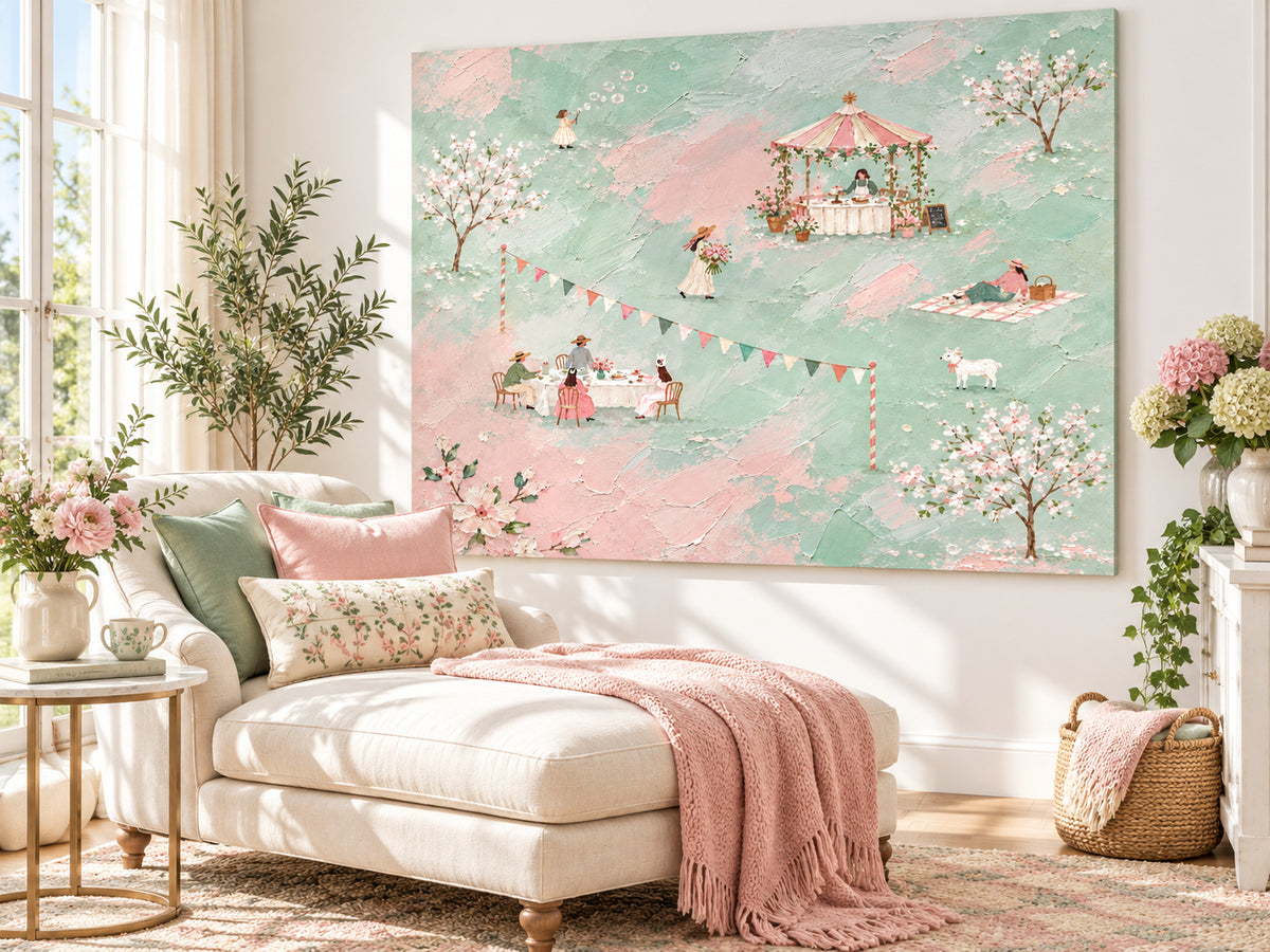 Spring Picnic Scene Hand-Painted Canvas Art With Floral Garden