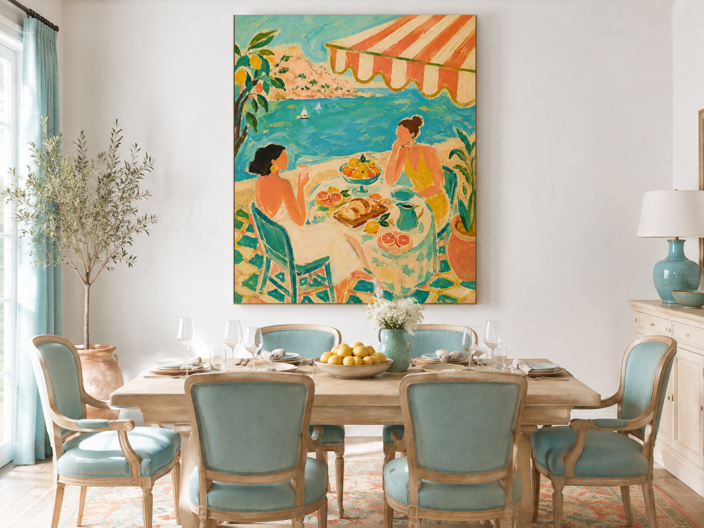 Seaside Tea Party Women Art Deco Canvas Painting With Citrus And Ocean View