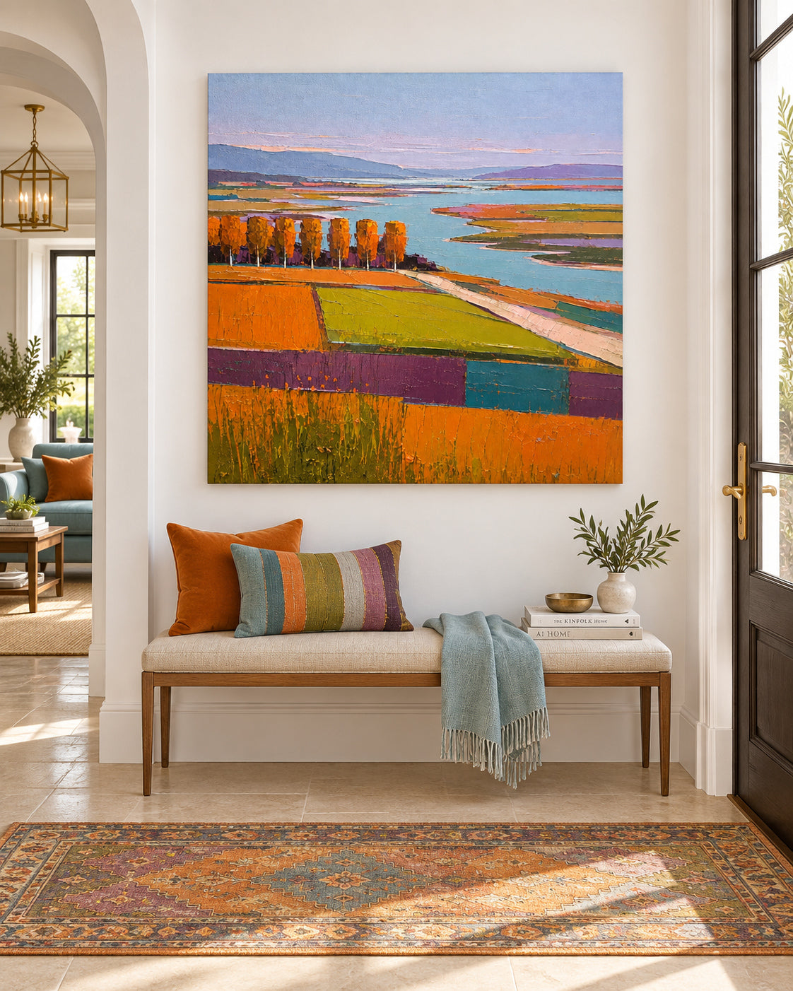 Hand-Painted Autumn Landscape Canvas Art With Golden Fields And Lake