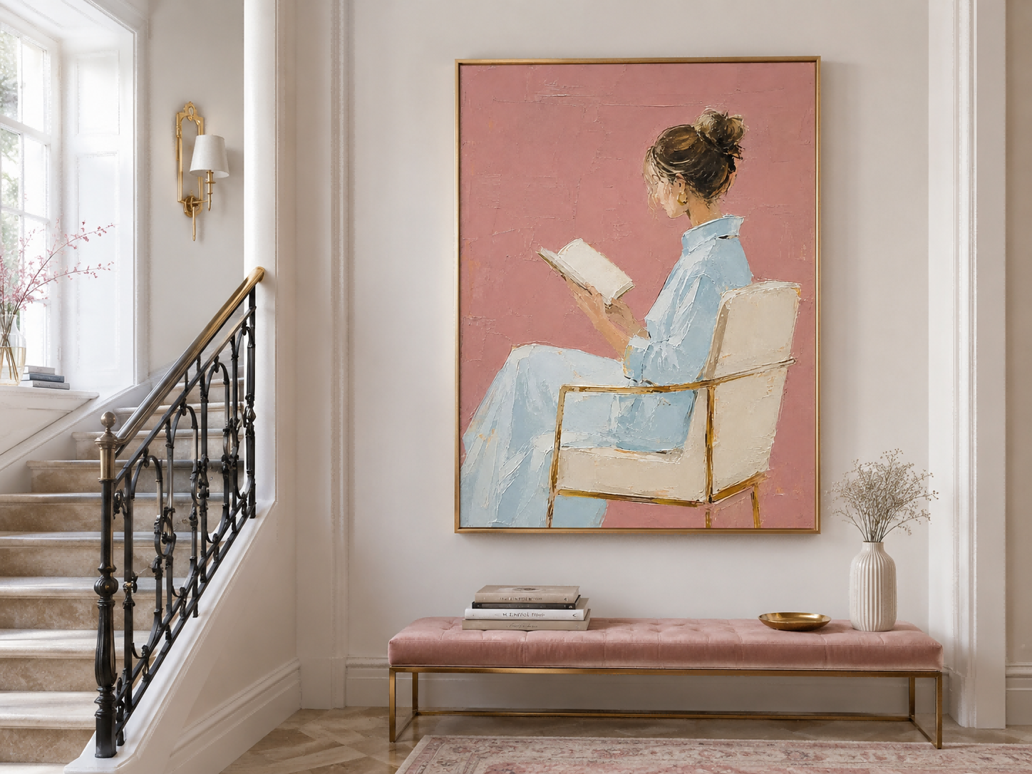 Modern Minimalist Oil Painting Of Lady Reading In Blue Dress With Pink Background