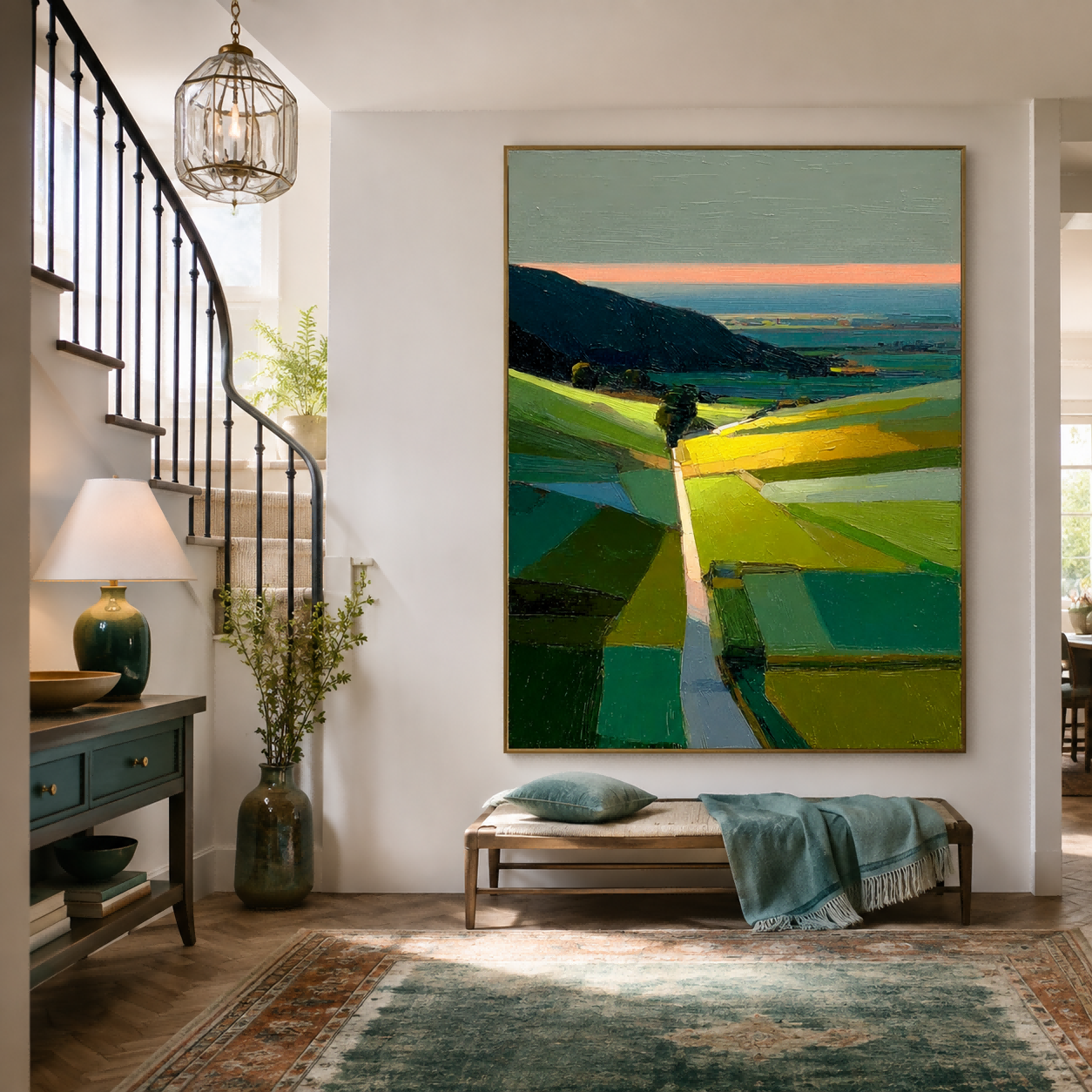 Modern Minimalist Landscape Painting Green Hills Abstract Art For Living Room