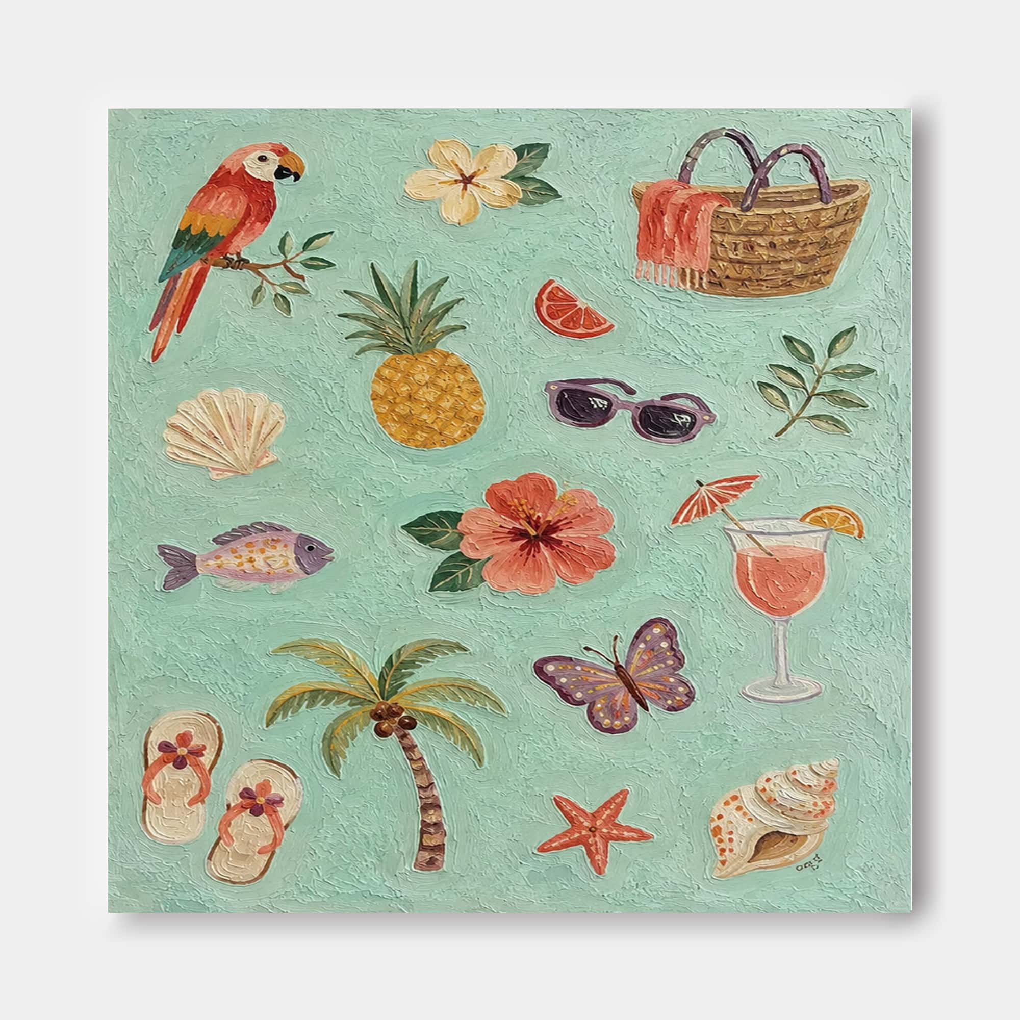 Vibrant Tropical Beach Art With Parrot And Pineapple For Boho Living Room Decor