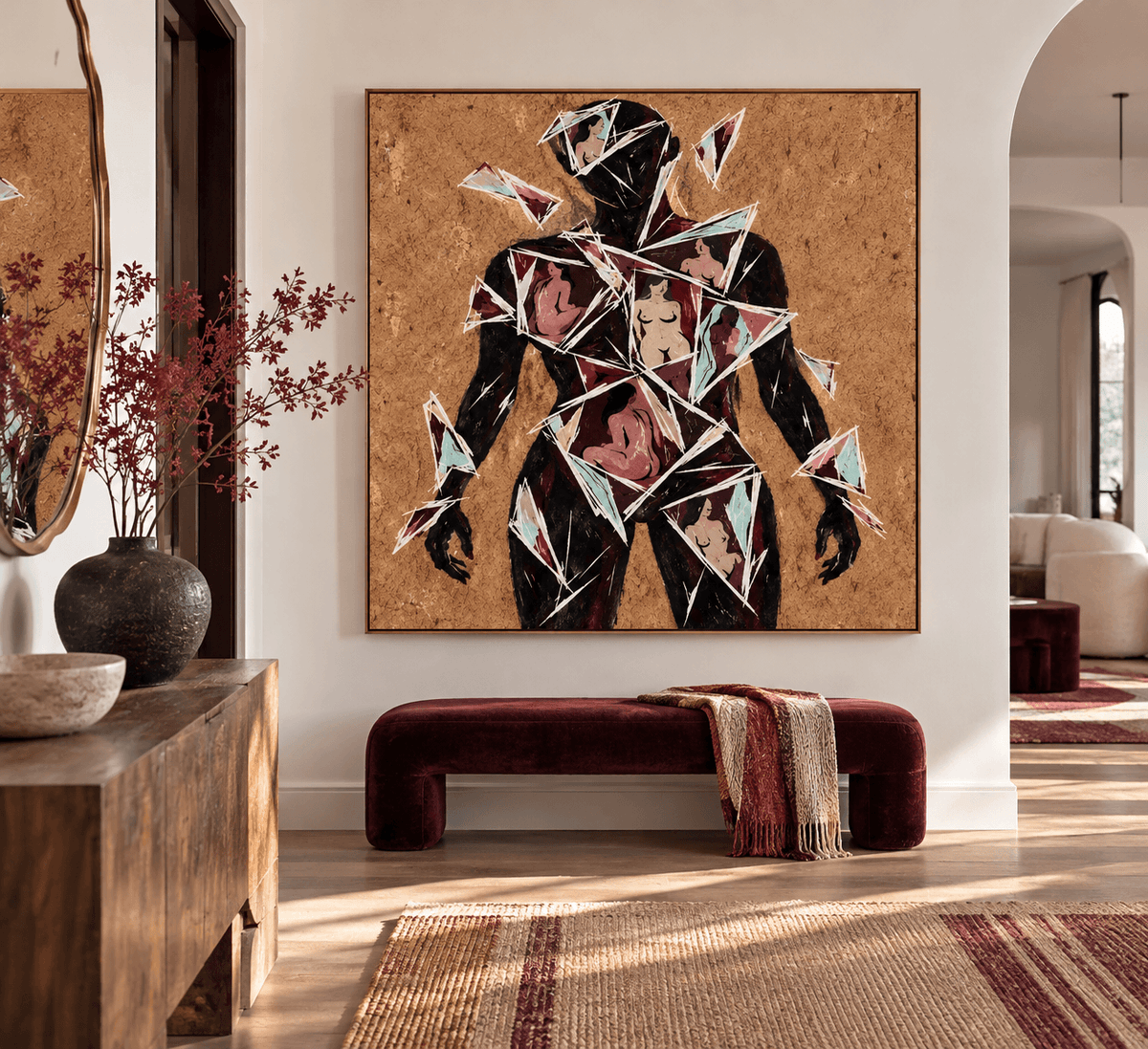 Abstract Human Silhouette Cubist Canvas Painting With Geometric Shards