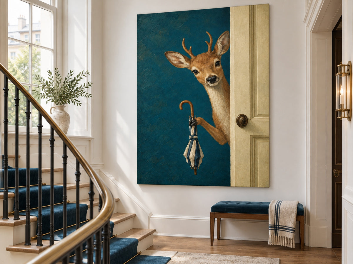Modern Fantasy Deer Painting Teal Background Handmade Canvas Art