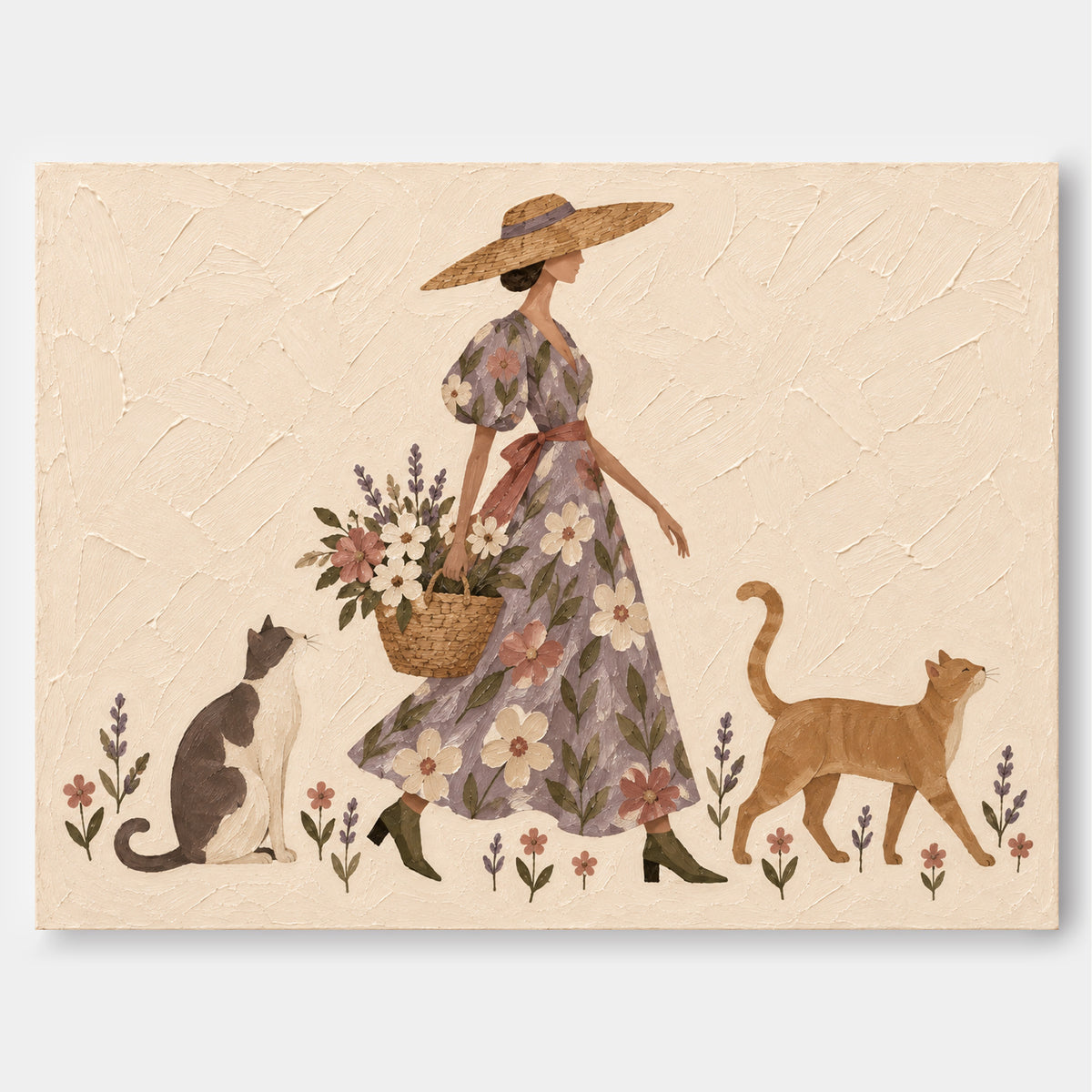 Hand-Painted Lady With Cats And Flowers Canvas Art In Beige And Purple