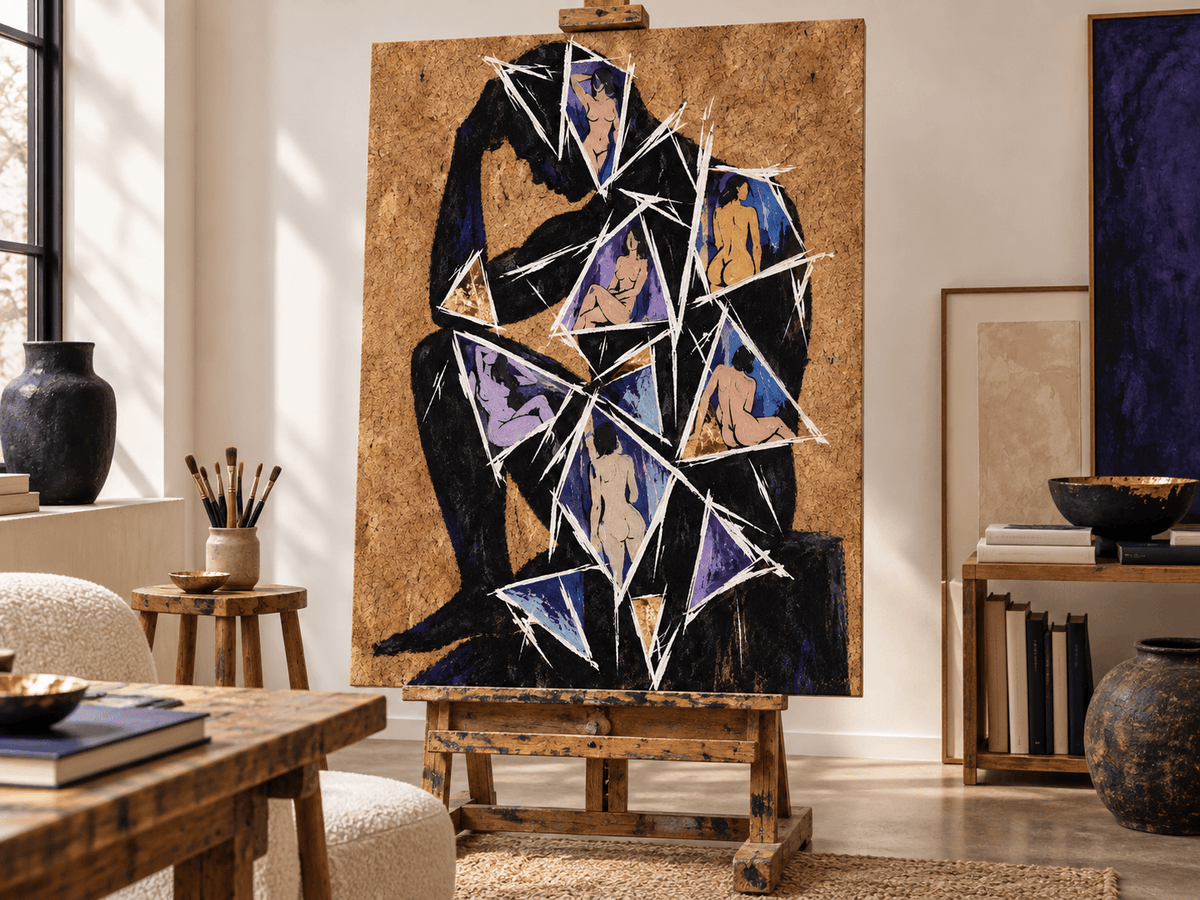 Abstract Thinker Figure Cubist Hand-Painted Canvas Art With Gold Leaf Accents