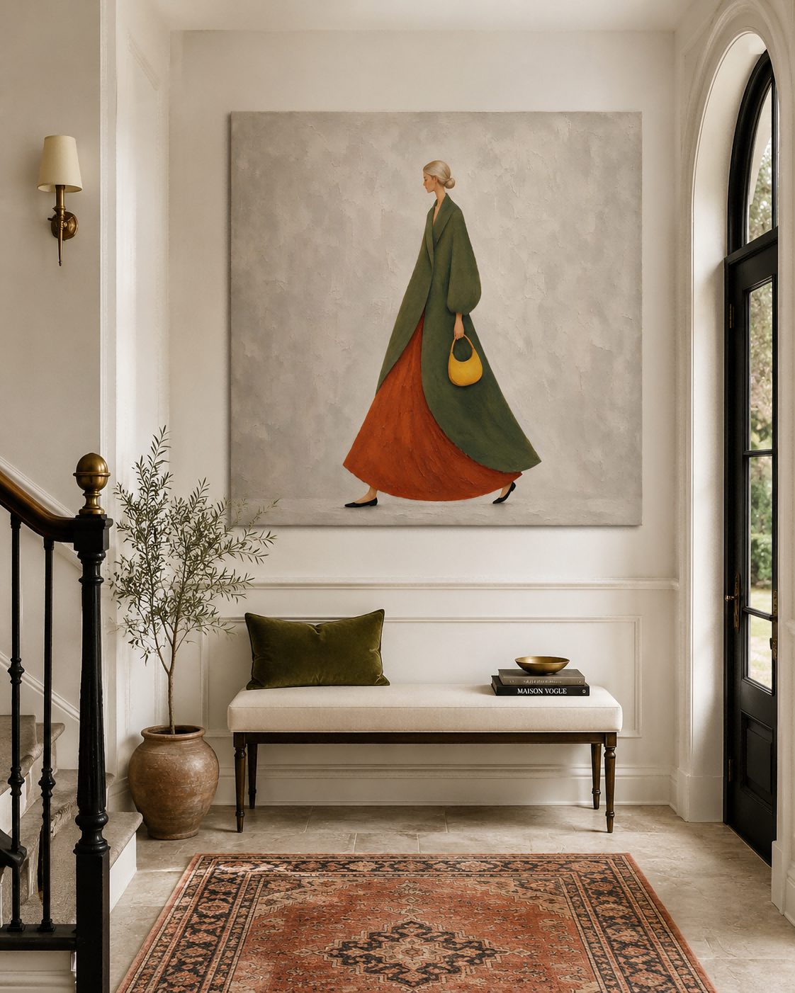 Hand-Painted Woman In Green Coat And Rust Skirt Canvas Art For Modern Home