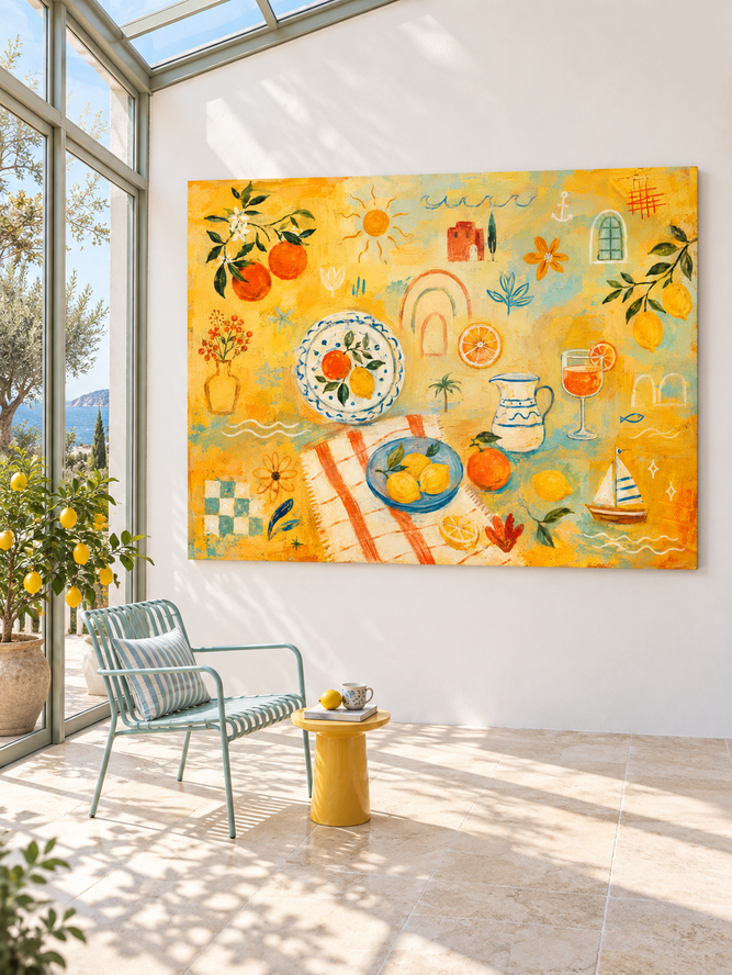 Hand-Painted Citrus Fruit And Sailboat Canvas Art With Warm Yellow Tones