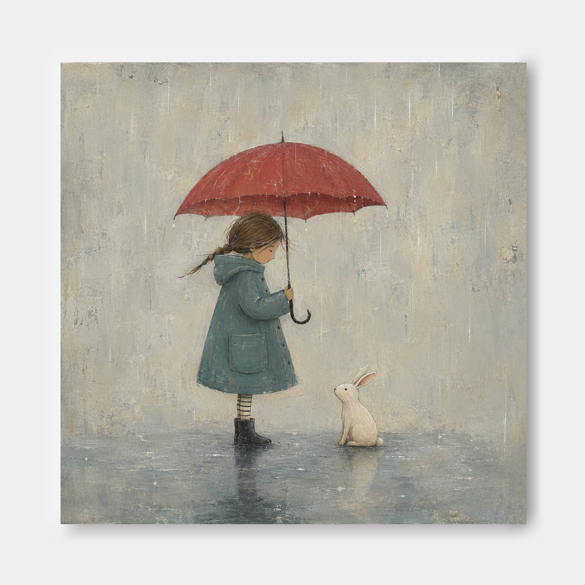Original Hand Painted Girl And Bunny In Rain Square Artwork For Modern Interior Design