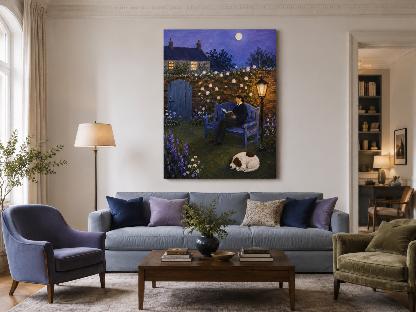 Moonlit Garden Reader With Sleeping Dog Hand-Painted Canvas Art