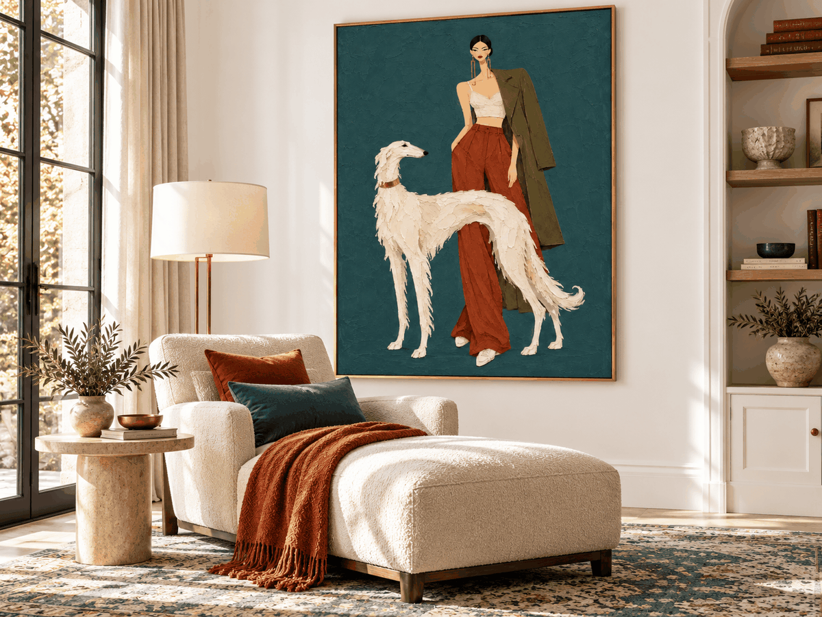 Fashion Woman And White Borzoi Dog Hand-Painted Canvas Art In Rust Red And Teal