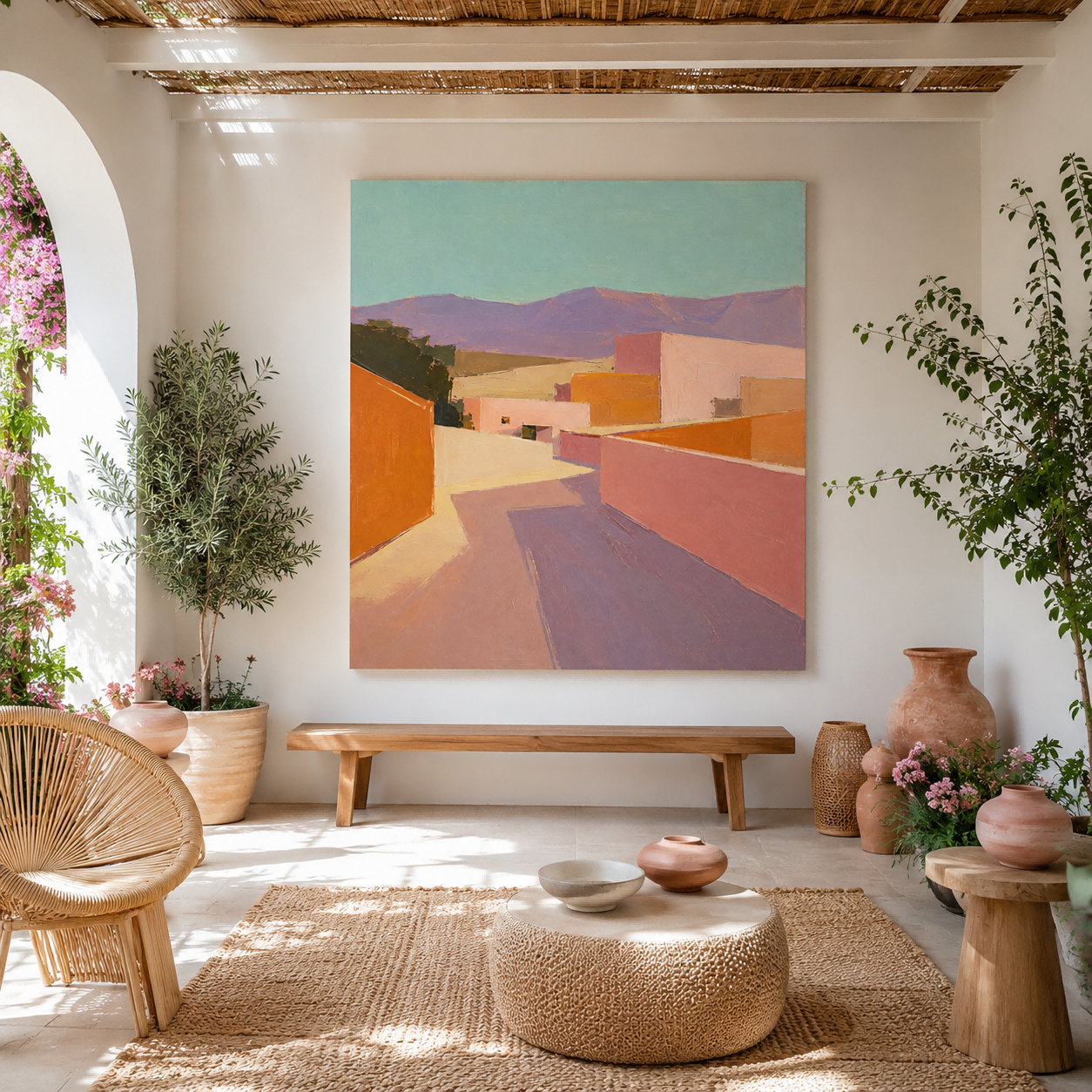 Modern Abstract Town Painting With Warm Tones For Contemporary Home Decor