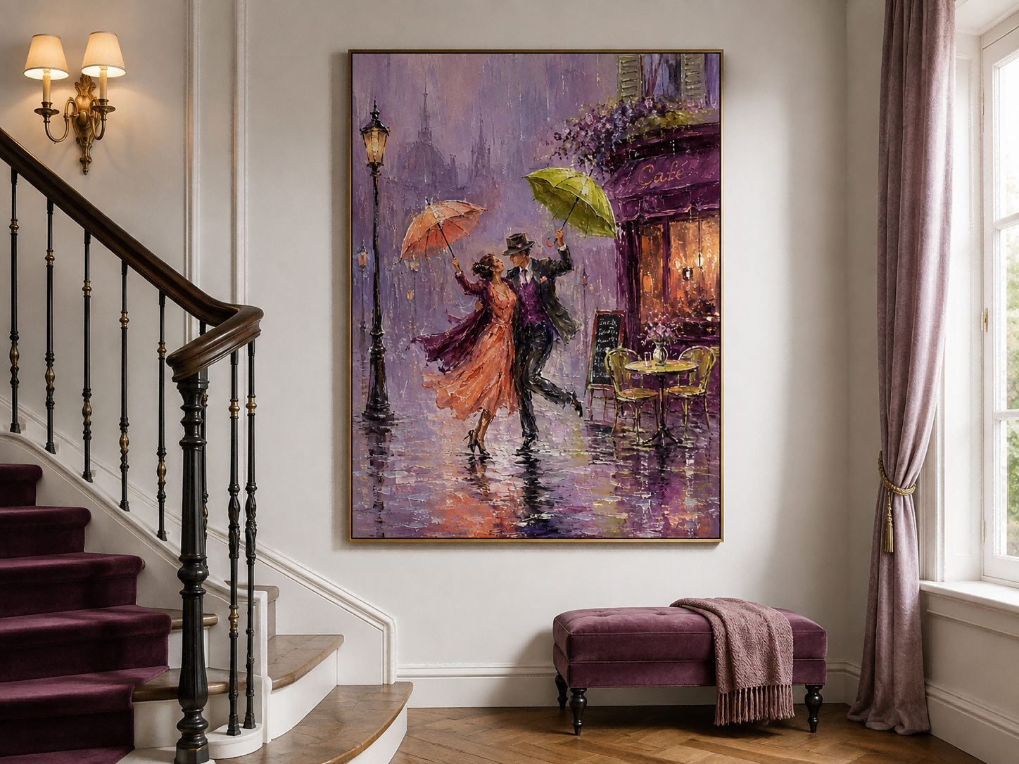 Romantic Impressionist Oil Painting Of Couple Dancing In Rain With Umbrellas For Living Room Decor