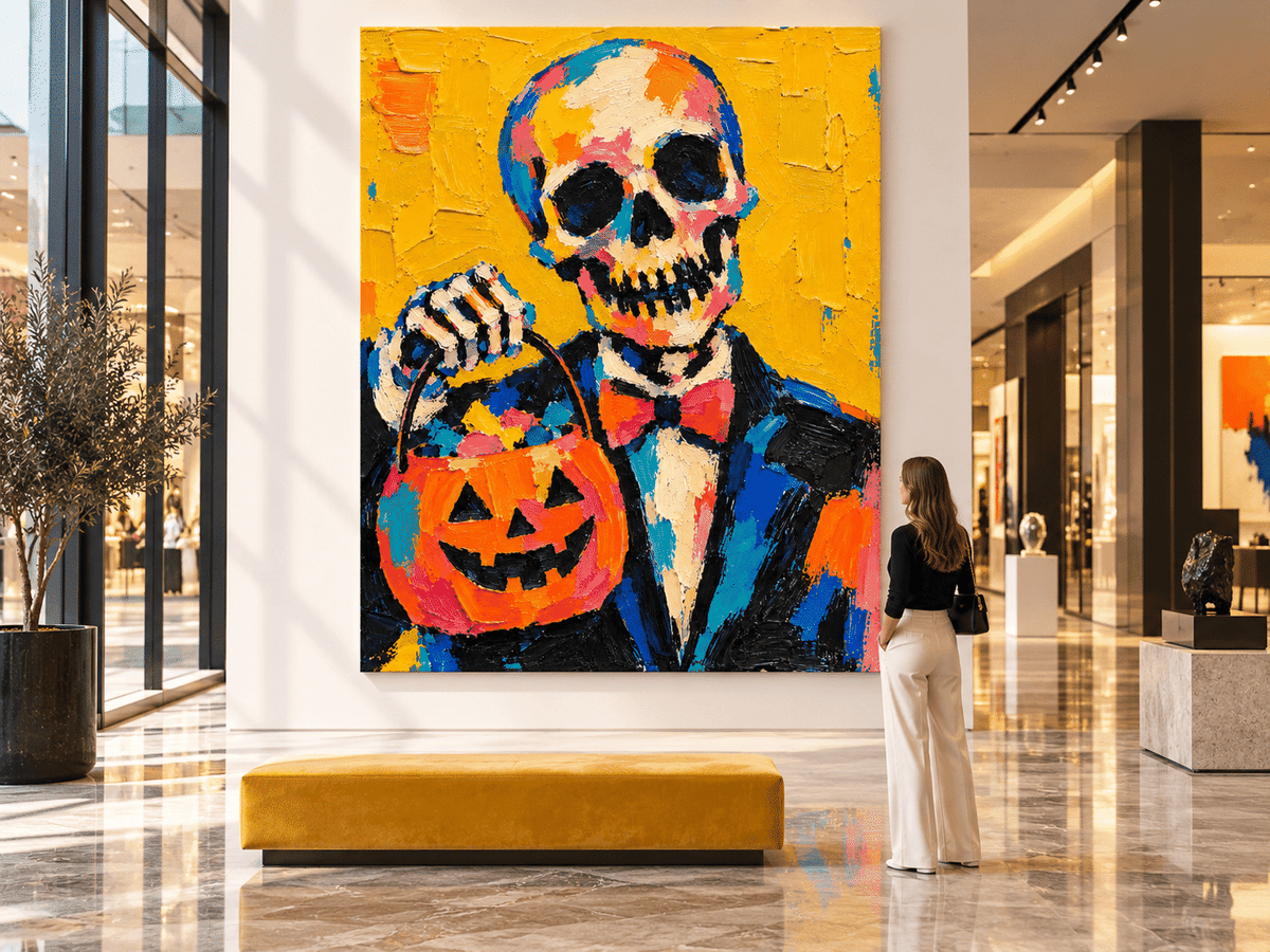 Modern Abstract Skeleton Painting With Retro Vintage Vibes Vibrant Halloween Wall Art
