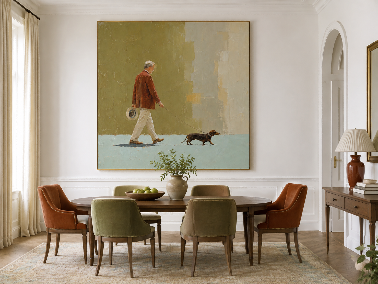 Classic Modern Figurative Art Oil Painting Of Gentleman With Pet