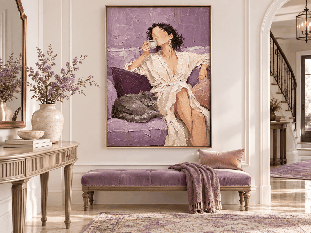 Impressionist Textured Art Vintage Style Purple Canvas Painting Woman With Cat Coffee Hand-Painted Canvas Art