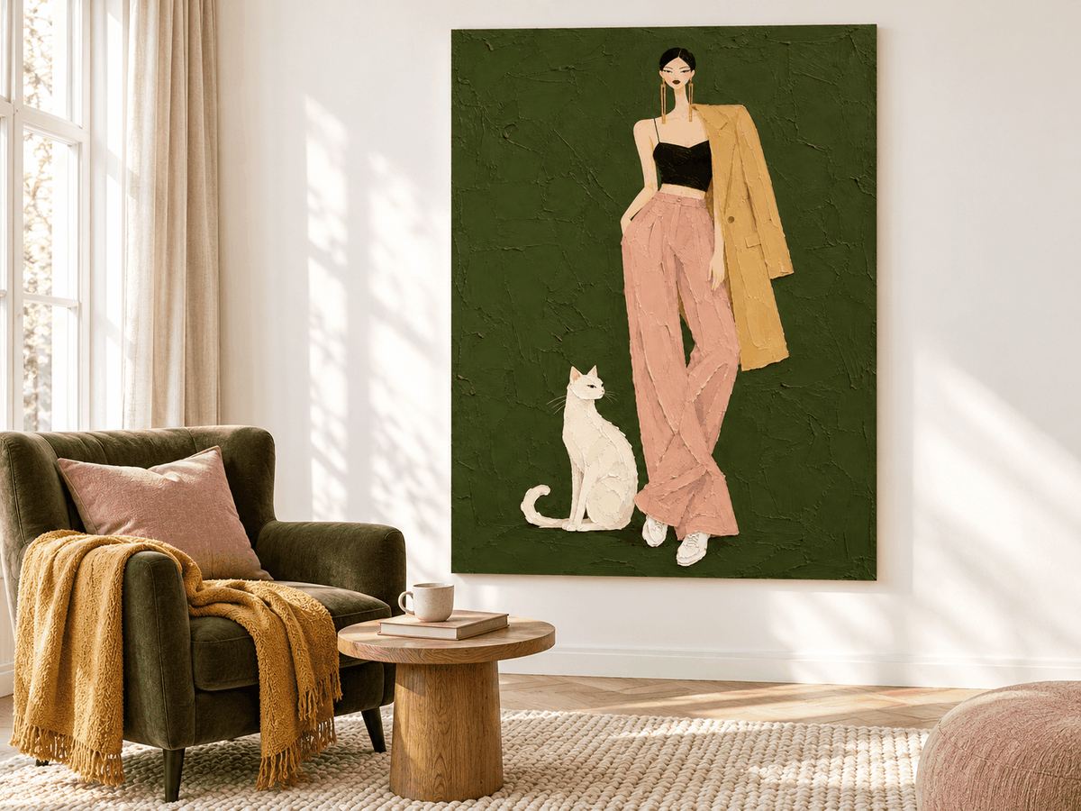 Textured Impasto Style Painting Of A Chic Woman And Her Cat
