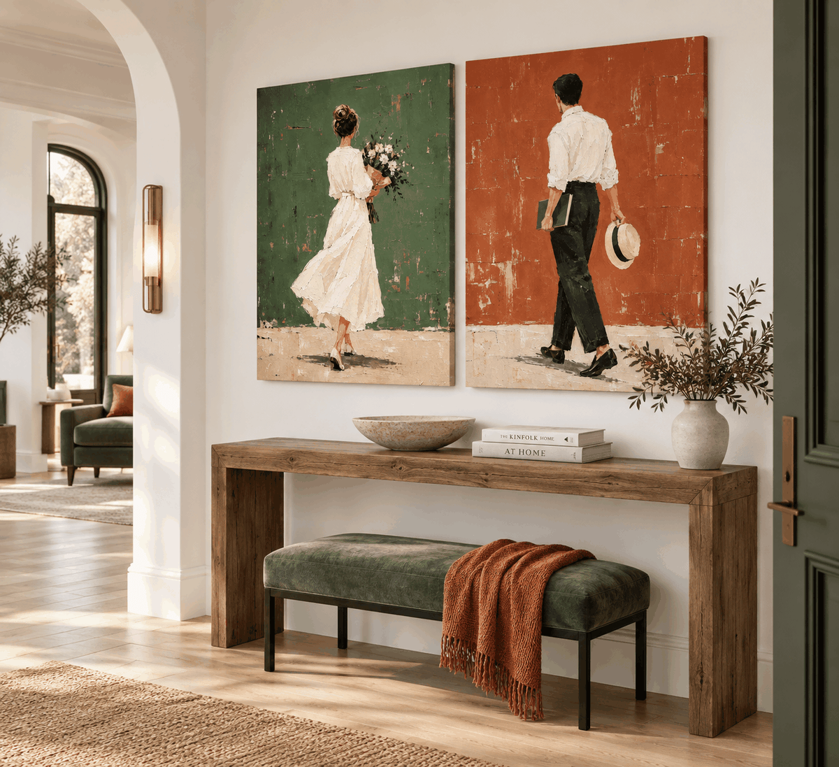 Vintage Couple Walking Hand-Painted Canvas Art Set Green Red Wall