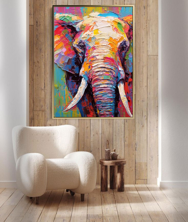 Textured Elephant Canvas Wall Art Bright Colorful Elephant Oil Painting  Modern Animal Oil Painting Impressionist Home Decor