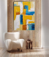 Vibrant Yellow and Blue Acrylic Painting Large Modern Abstract Wall Art Original Geometric Canvas Oil Painting Home Decor