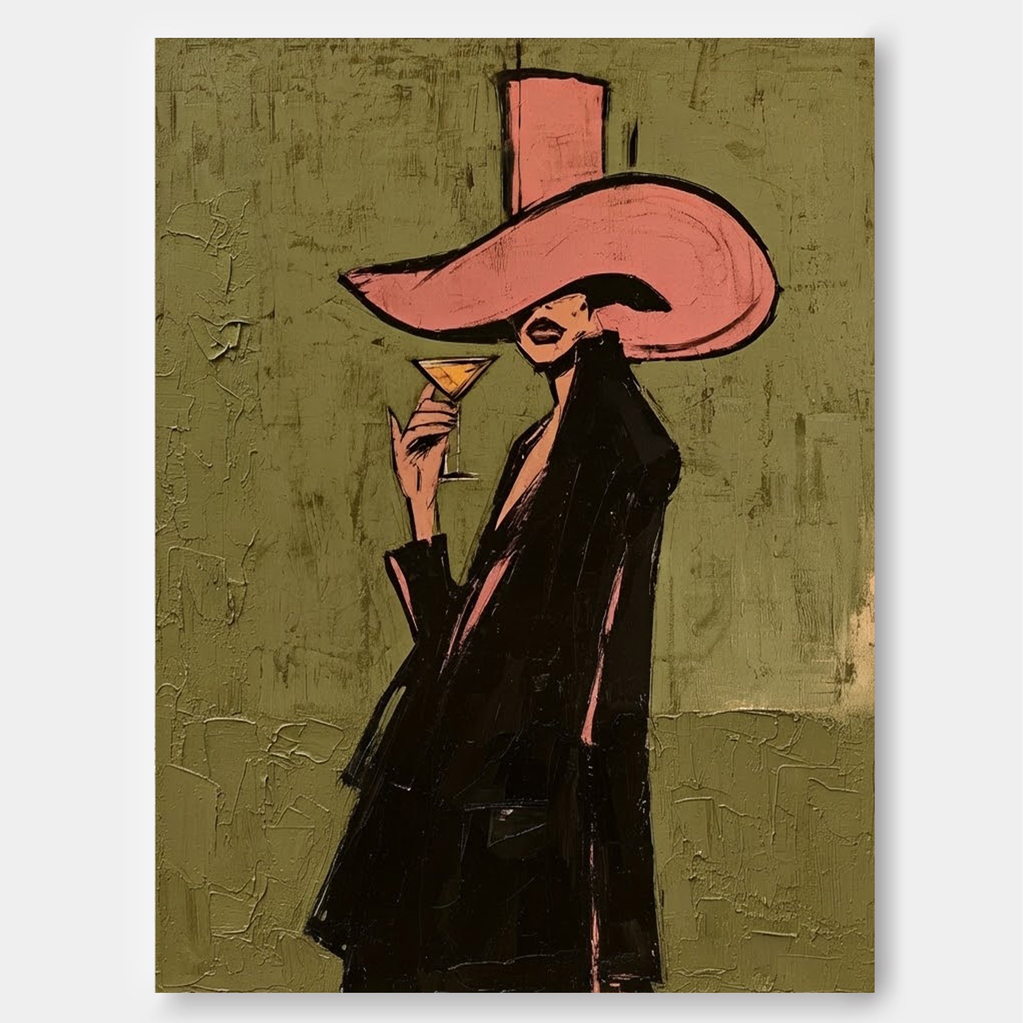 Chic Lounge Wall Art Featuring Elegant Lady Holding Cocktail Glass In Modern Retro Style
