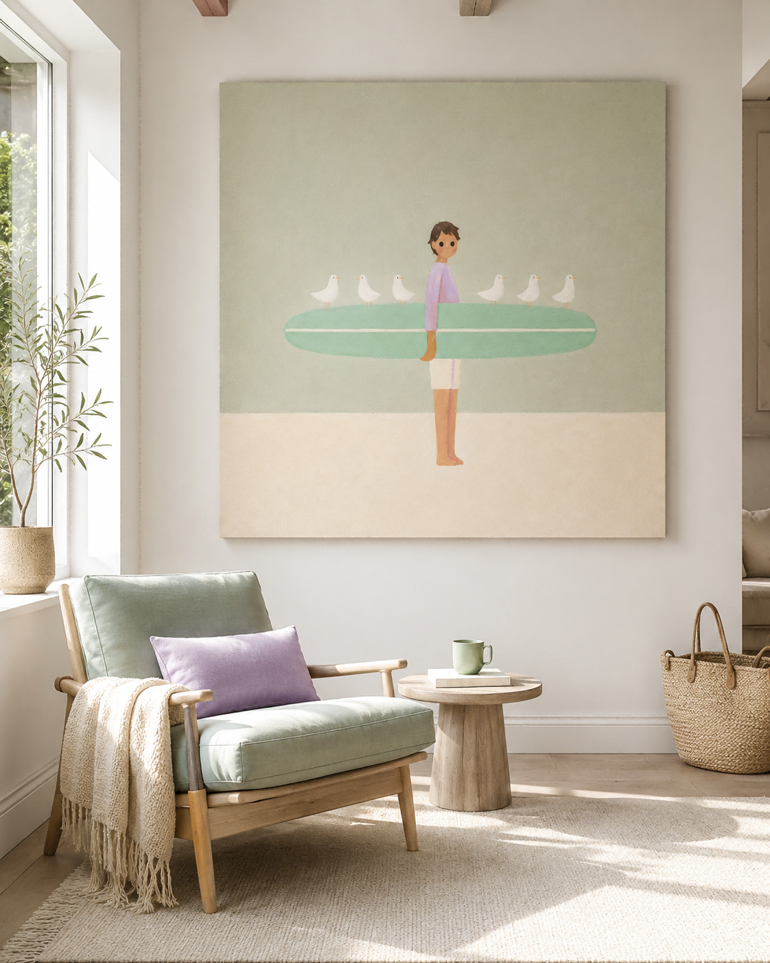 Hand-Painted Surfer With Seagulls On Mint Board Modern Canvas Art
