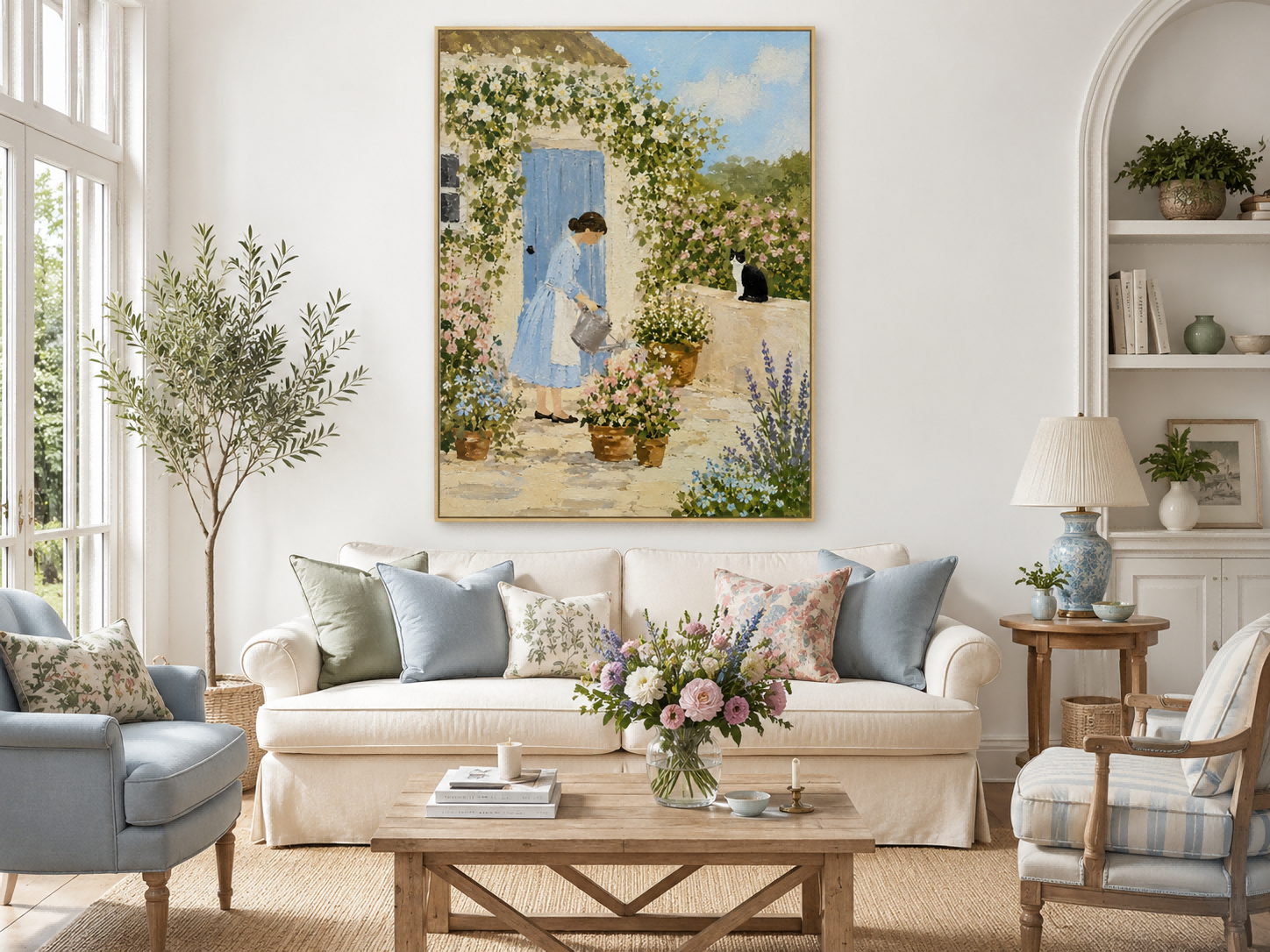Woman Watering Flowers In Cottage Garden Hand-Painted Canvas Art