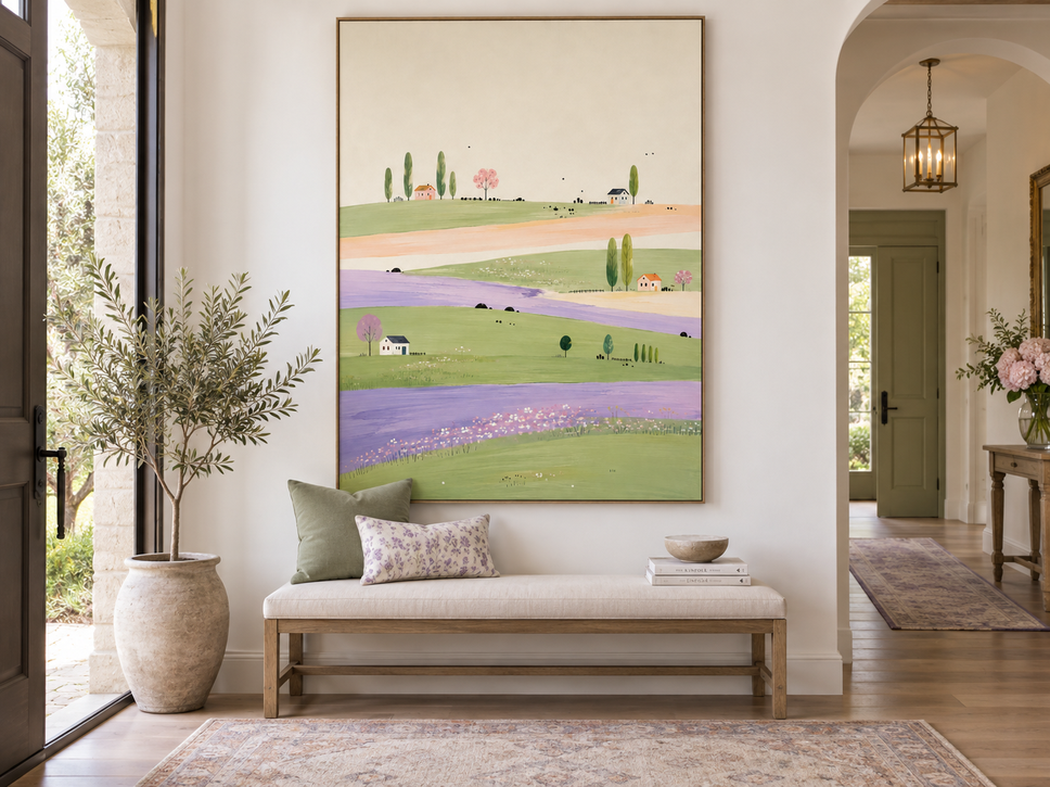 Whimsical Lavender Field Landscape Hand-Painted Canvas Art With Green Hills