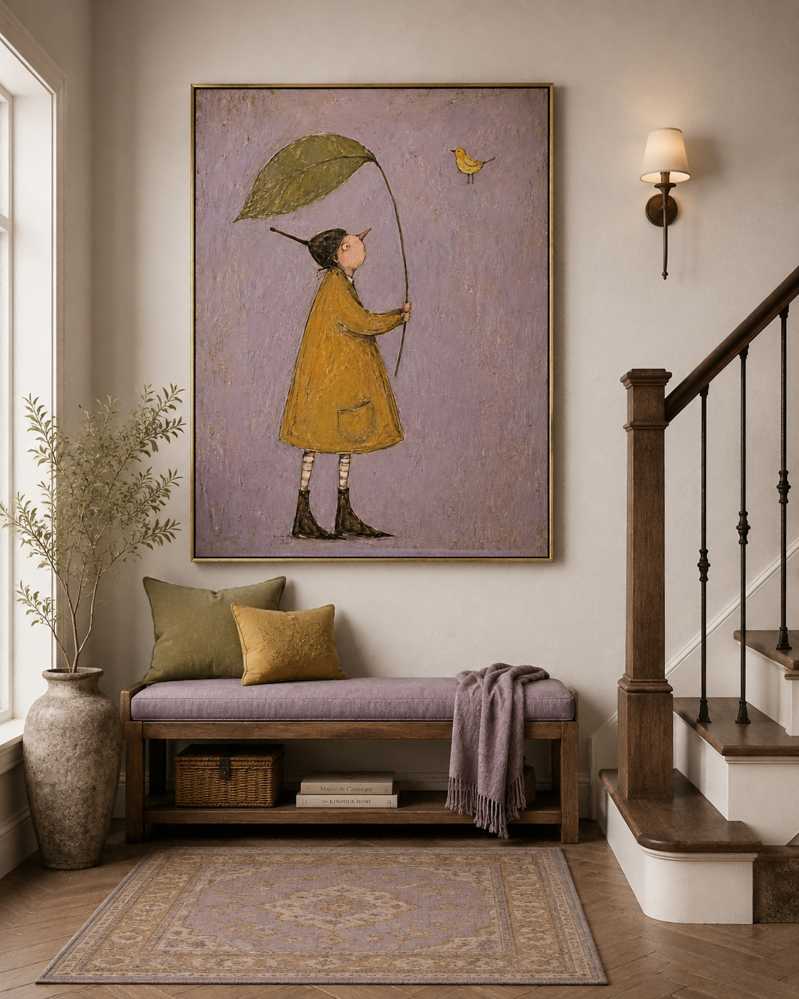 Whimsical Person With Leaf And Bird Vintage Canvas Painting