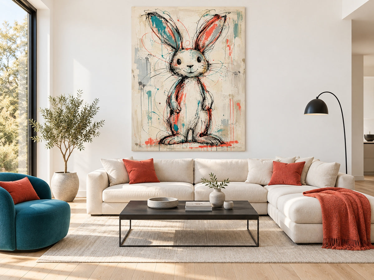 Hand-Painted Graffiti Rabbit Canvas Art With Teal And Coral Accents
