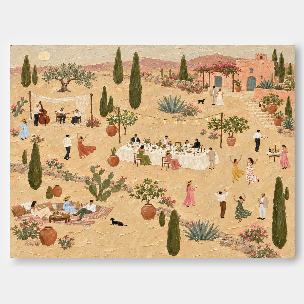 Outdoor Wedding Party Painting With Band And Guests In Tuscan Garden