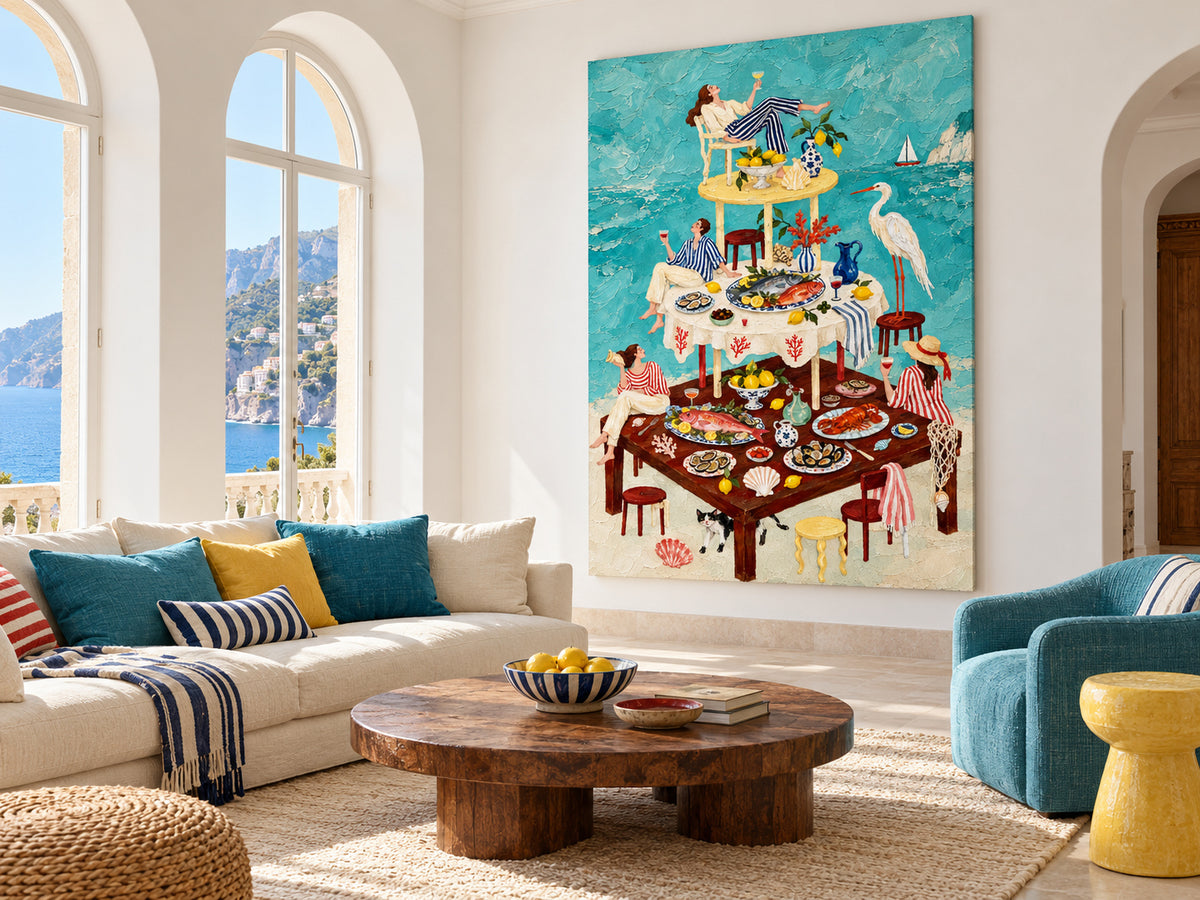 Mediterranean Dining Room Wall Art Vintage Style Seafood Painting Textured Surrealist Modern Art
