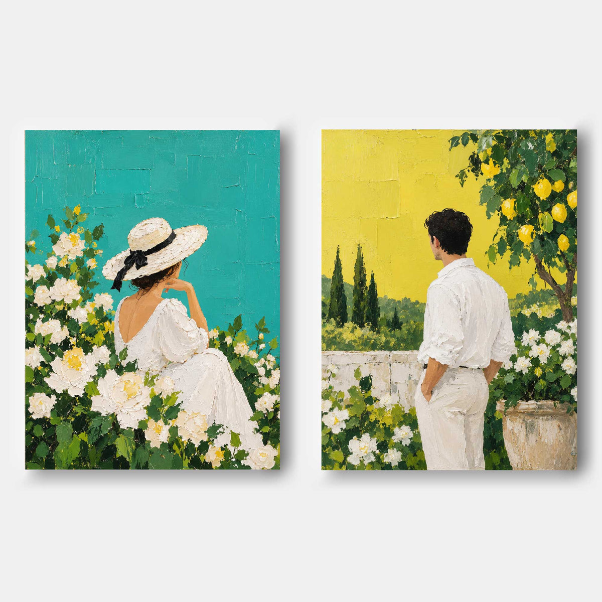 Hand-Painted Couple In Garden Canvas Art With Lemon Trees And Roses
