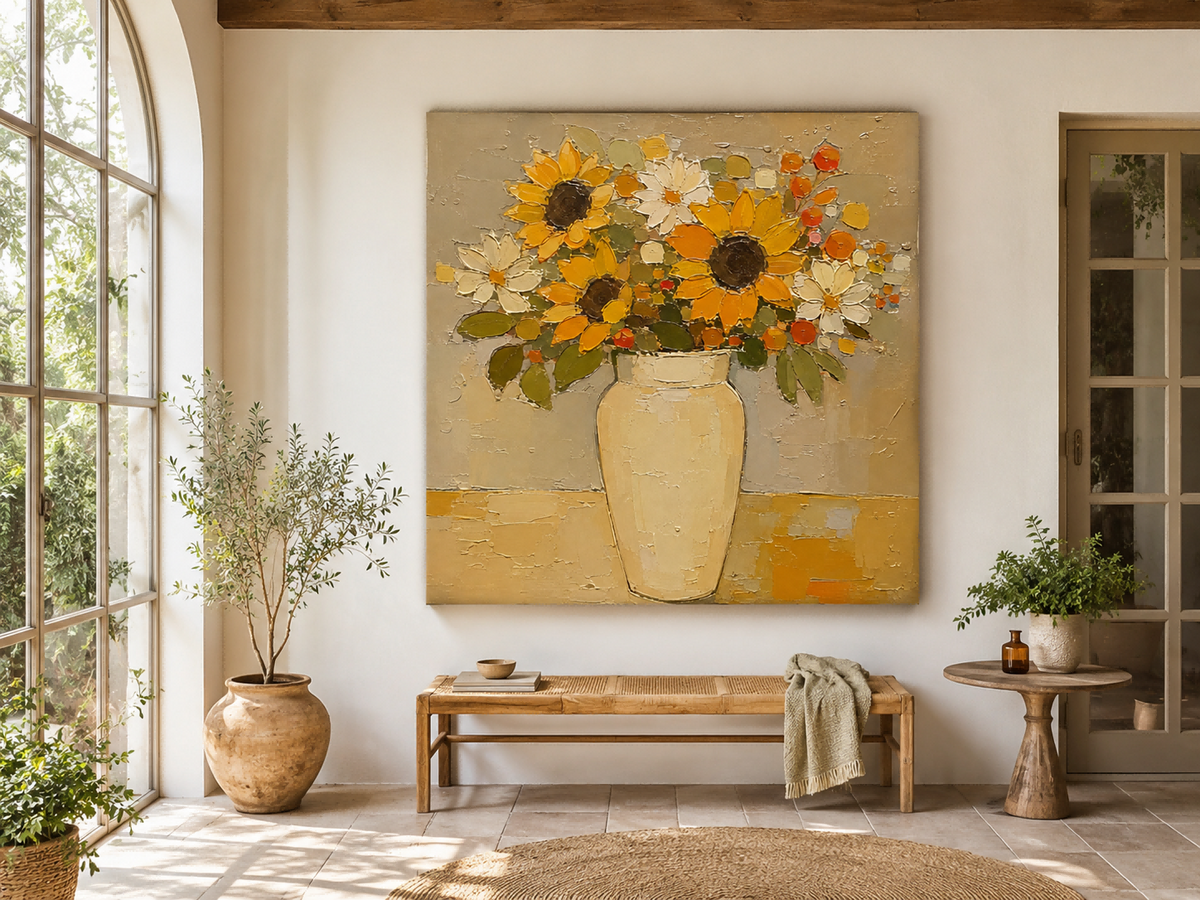 Hand-Painted Sunflower And Daisy Floral Canvas Art In Gold Beige Tones