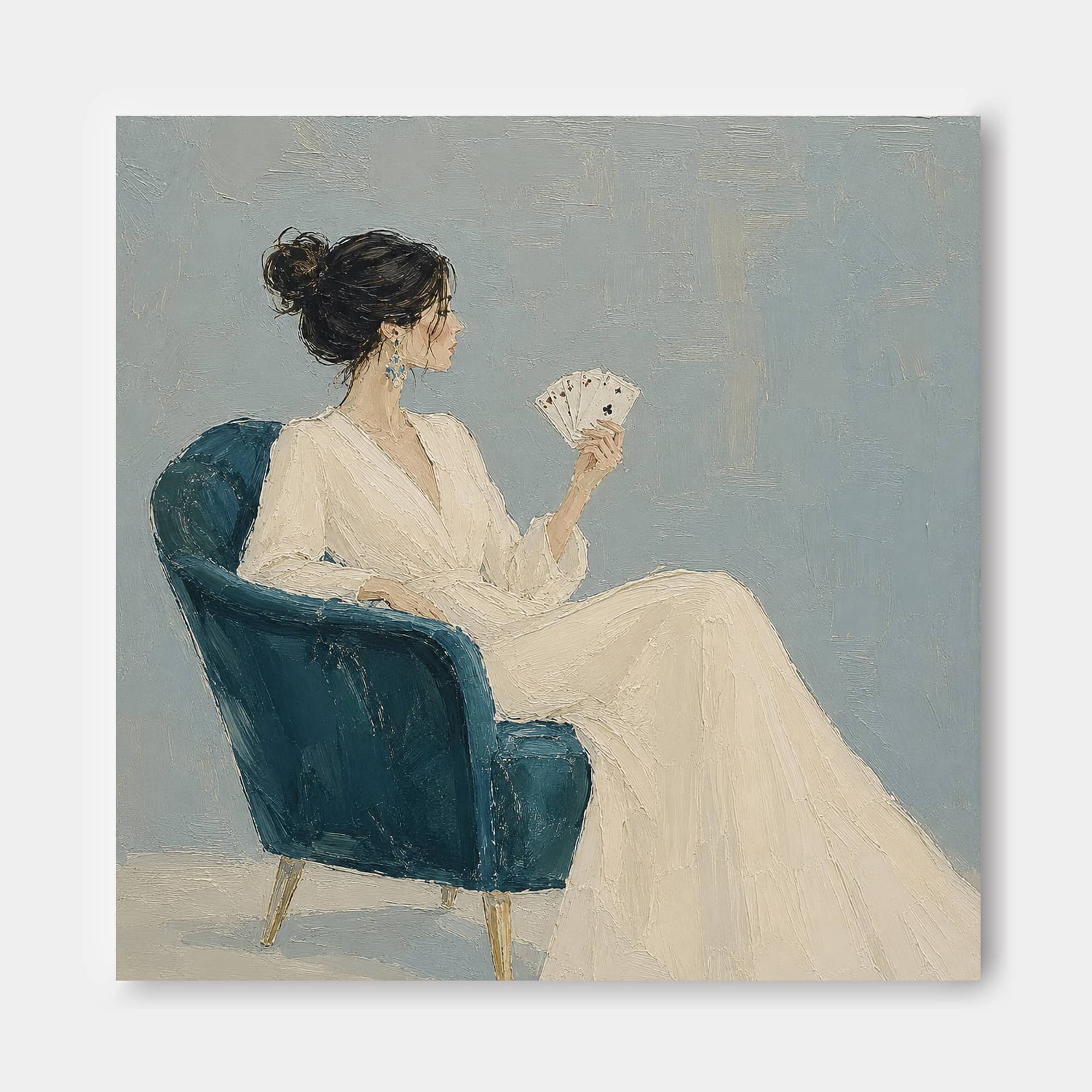 Minimalist Oil Painting Of Woman In White Dress With Playing Cards For Modern Living Room Decor
