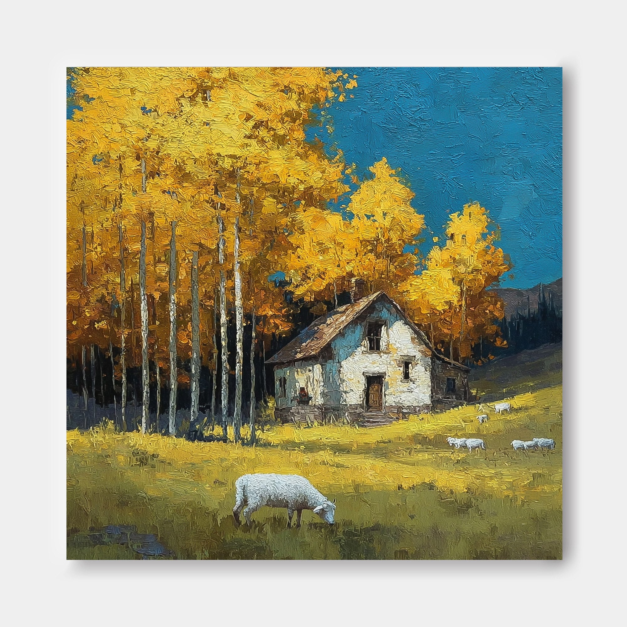 Golden Autumn Farmhouse Painting With Sheep In Field For Living Room Wall Decor
