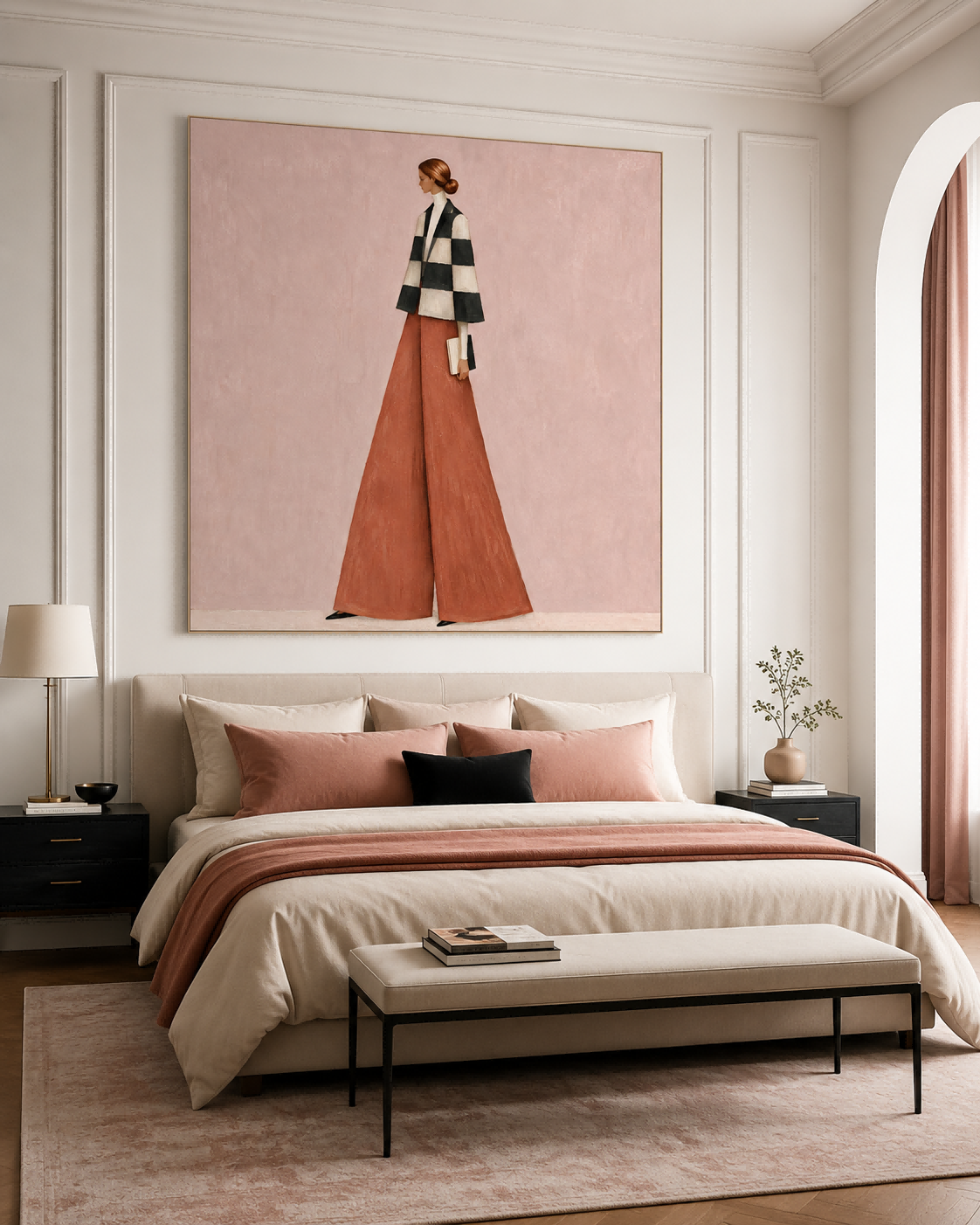 Fashion Woman In Checkered Jacket And Rust Pants Hand-Painted Canvas Art