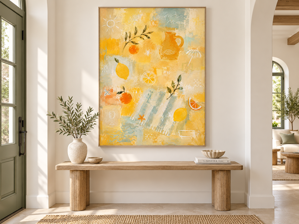 Hand-Painted Citrus Abstract Art With Lemon And Orange On Yellow Canvas